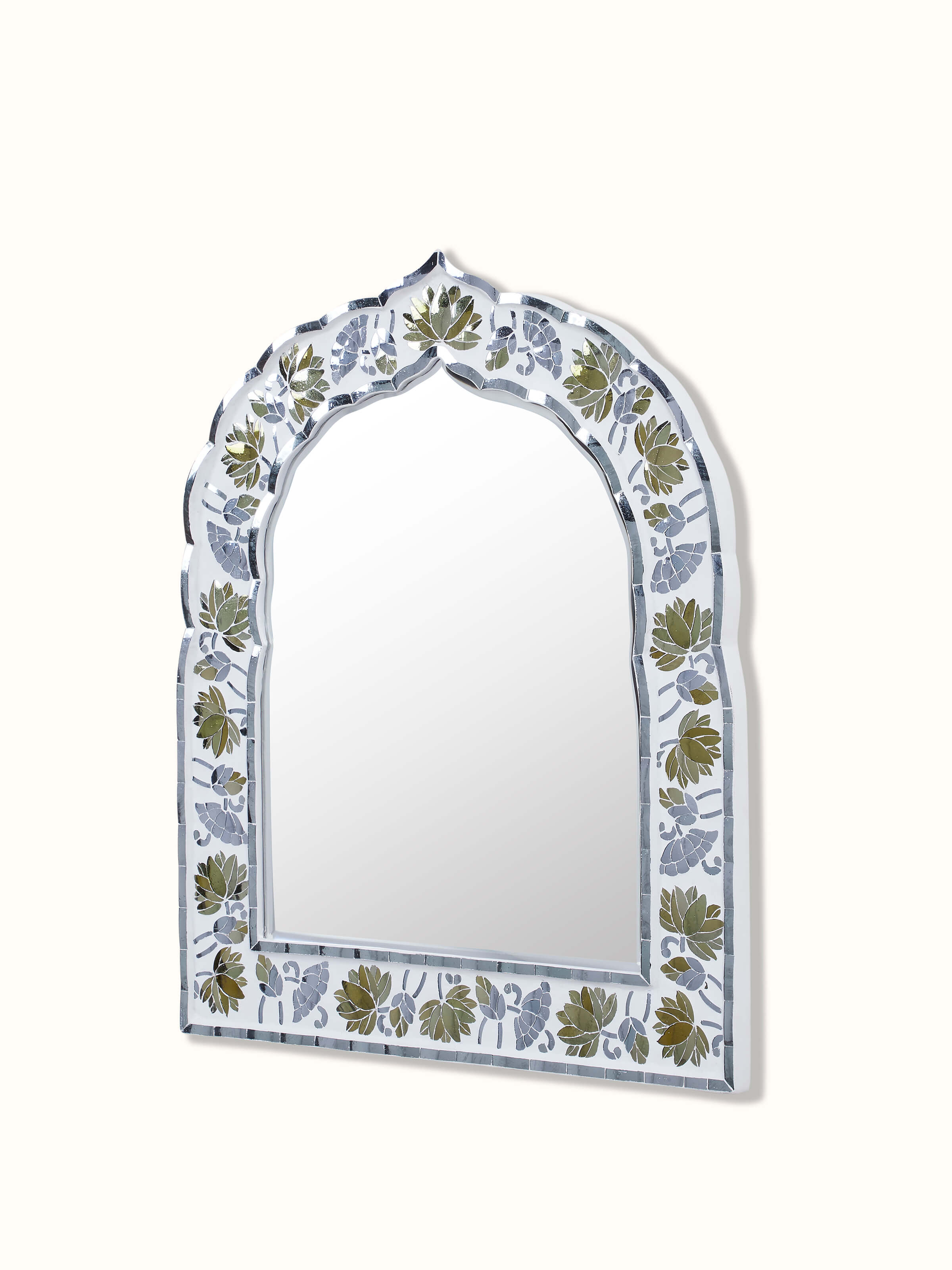 Angled view of Swadesh Glass Floral Inlay Wall Mirror with detailed floral design and glass finish