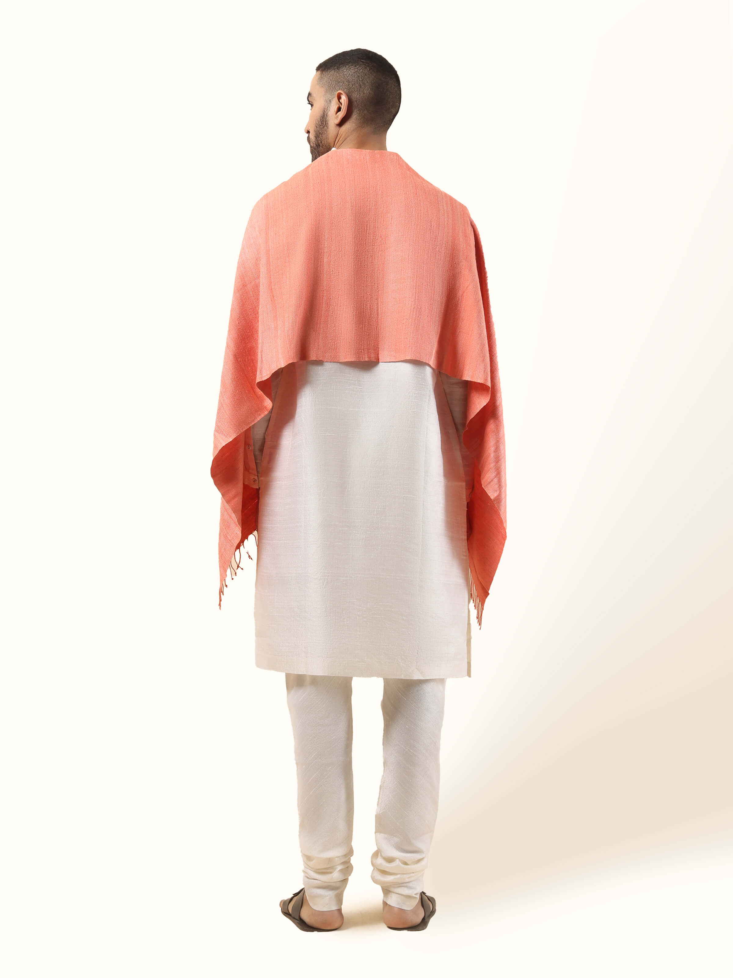 Back view of peach eri silk stole displaying full length and fall