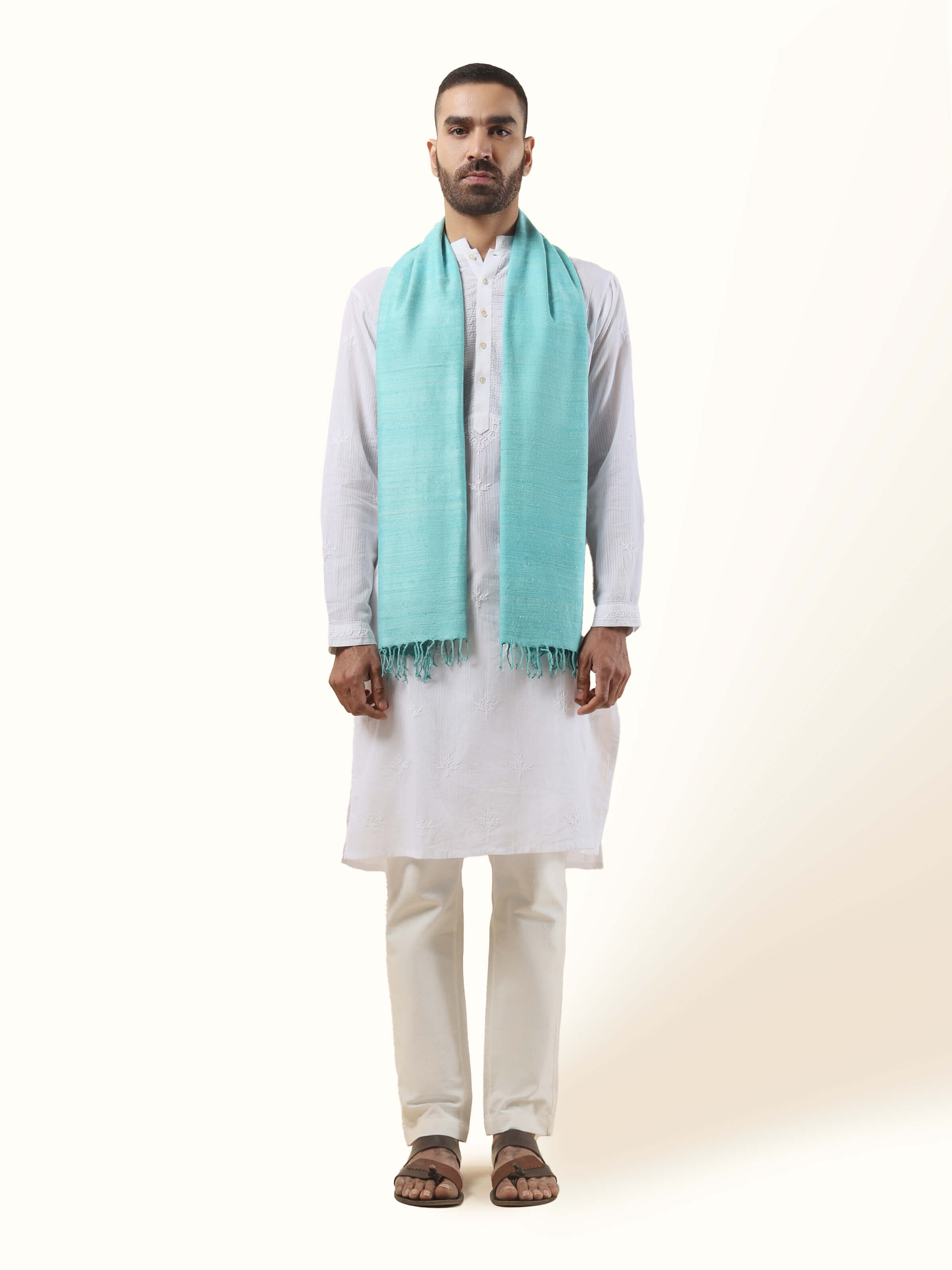 Front view of aqua eri silk stole showcasing soothing colour and soft texture