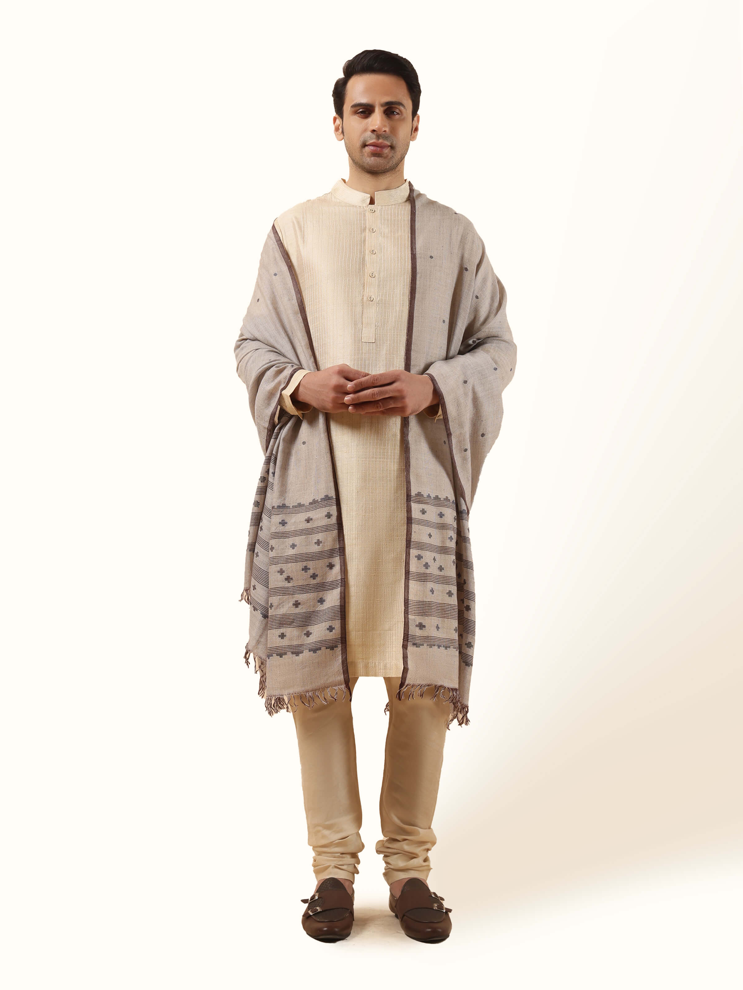 Beige Woollen Bengal Jamdani Shawl
