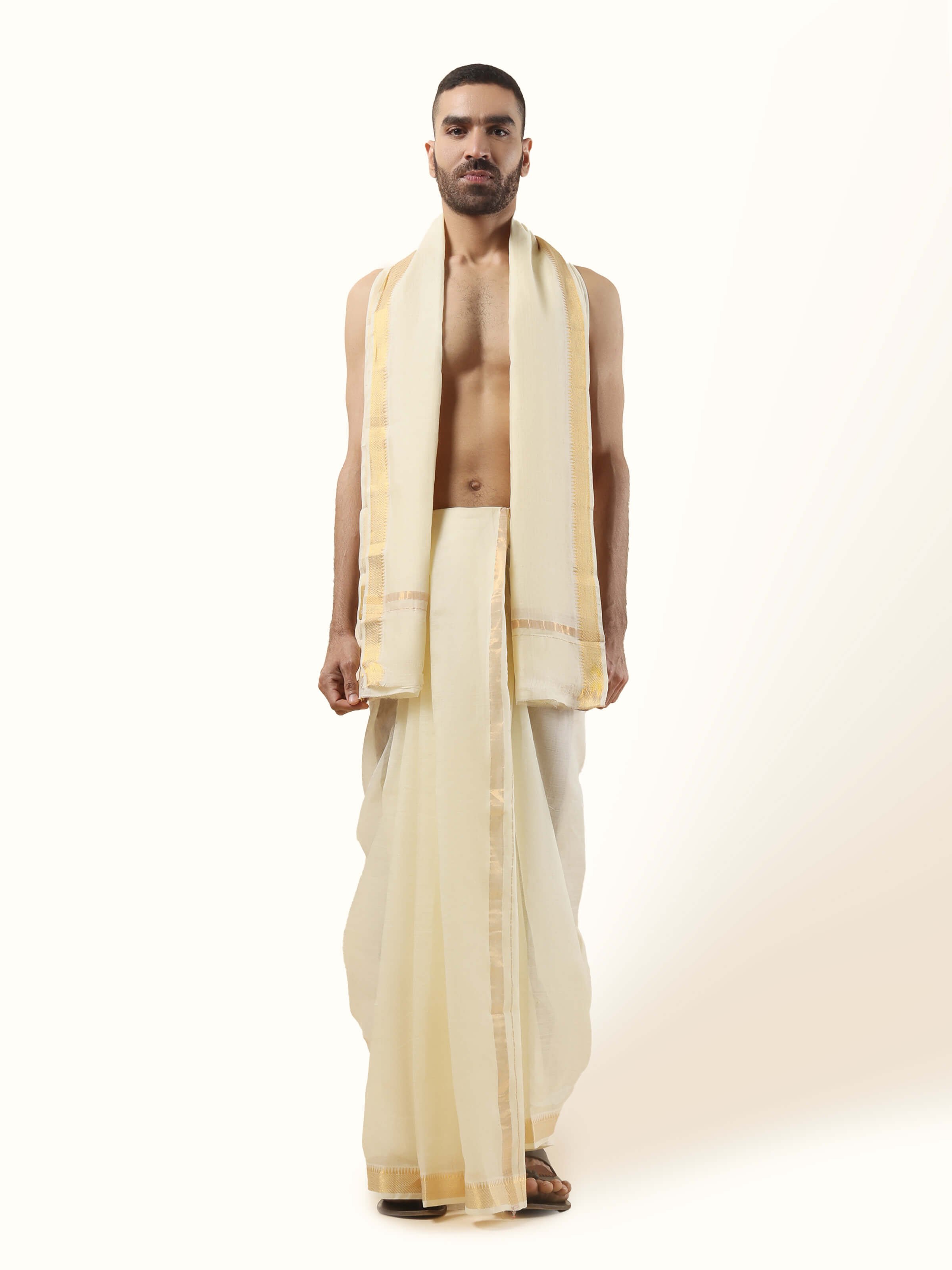 Off-white Cotton Mangalagiri Angavastram Set (2Pcs)