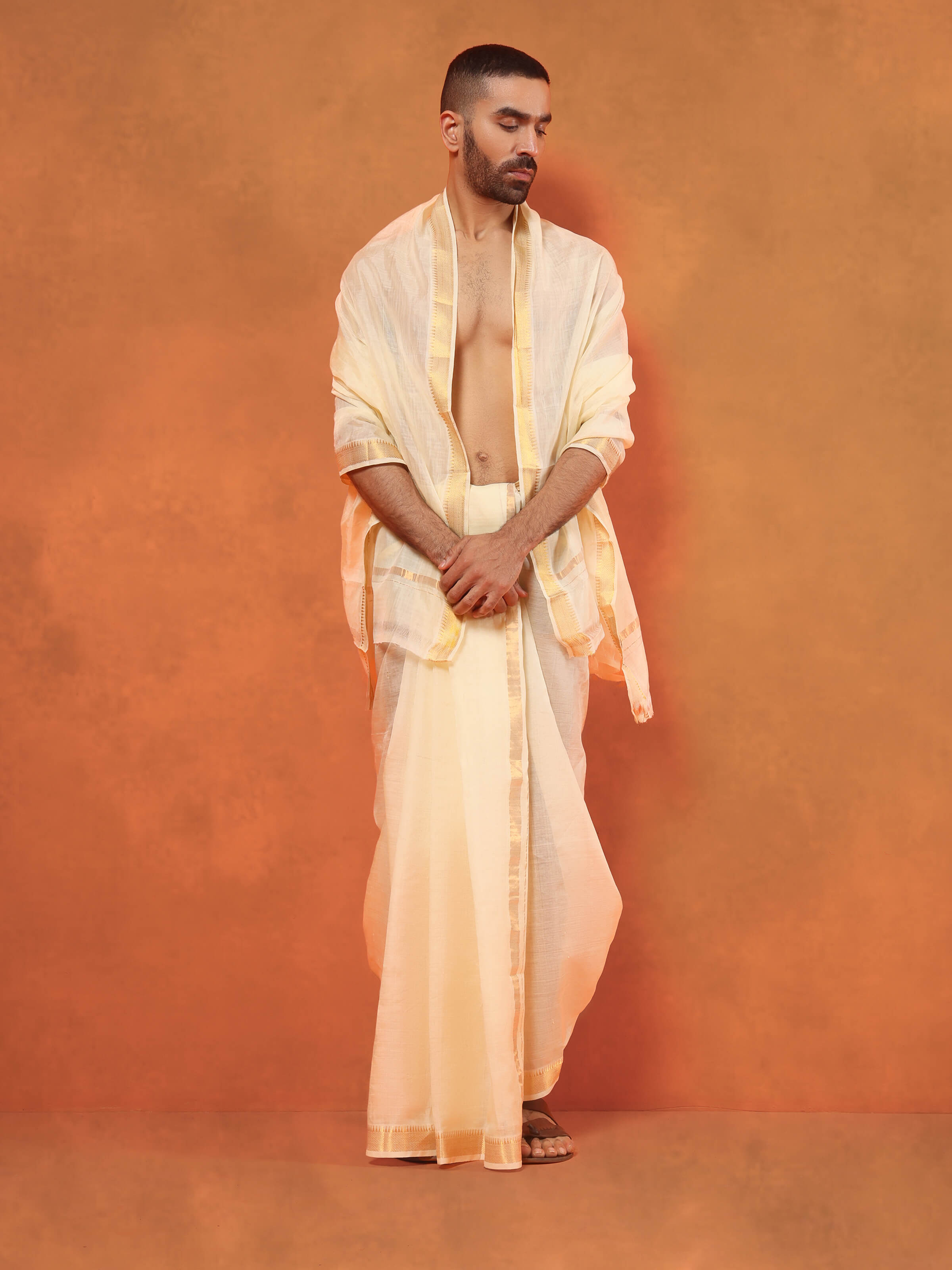 Off-white Cotton Mangalagiri Angavastram Set (2Pcs)