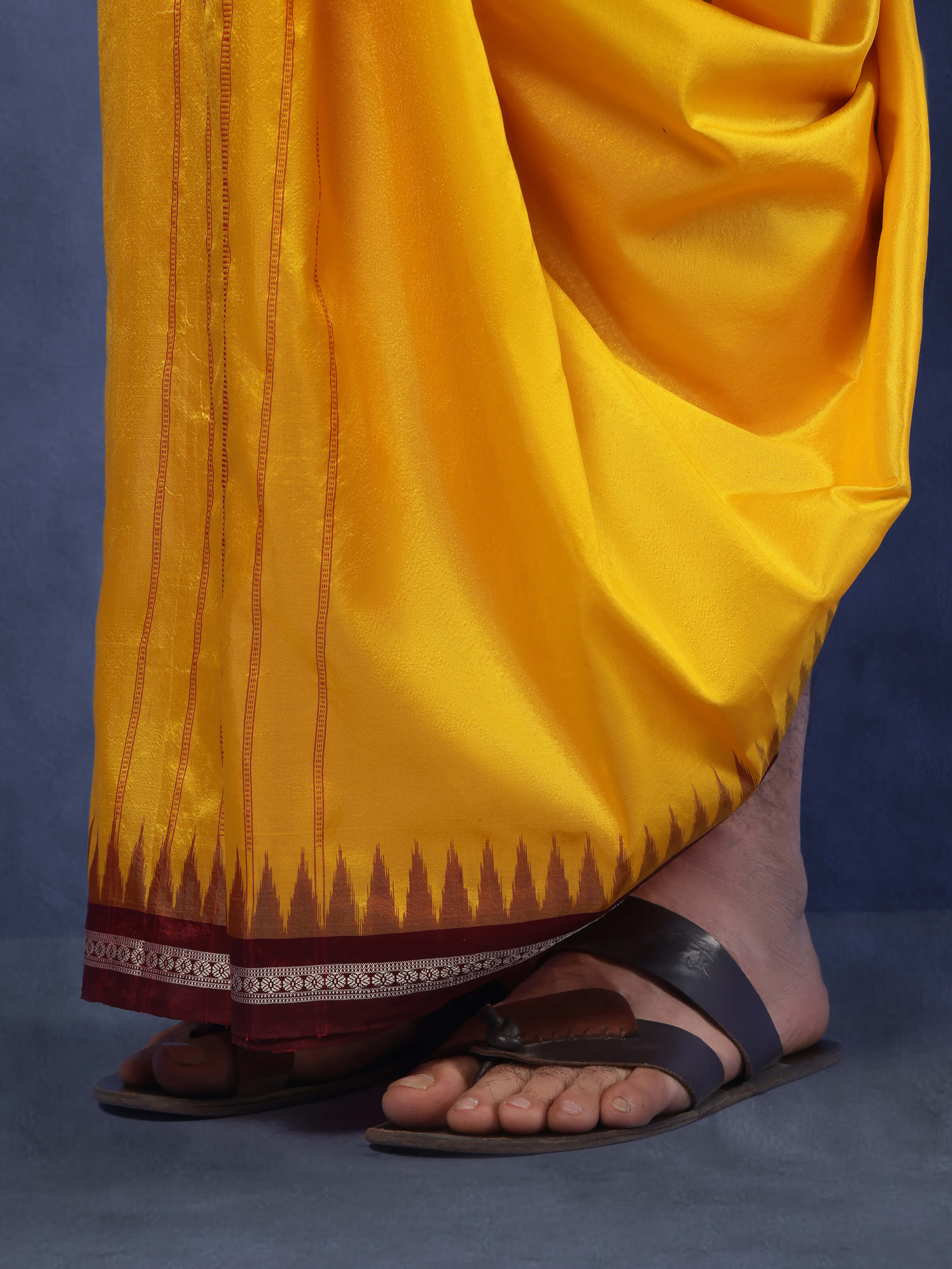Angled view of Mulberry silk dhoti highlighting lustrous silk weave and color