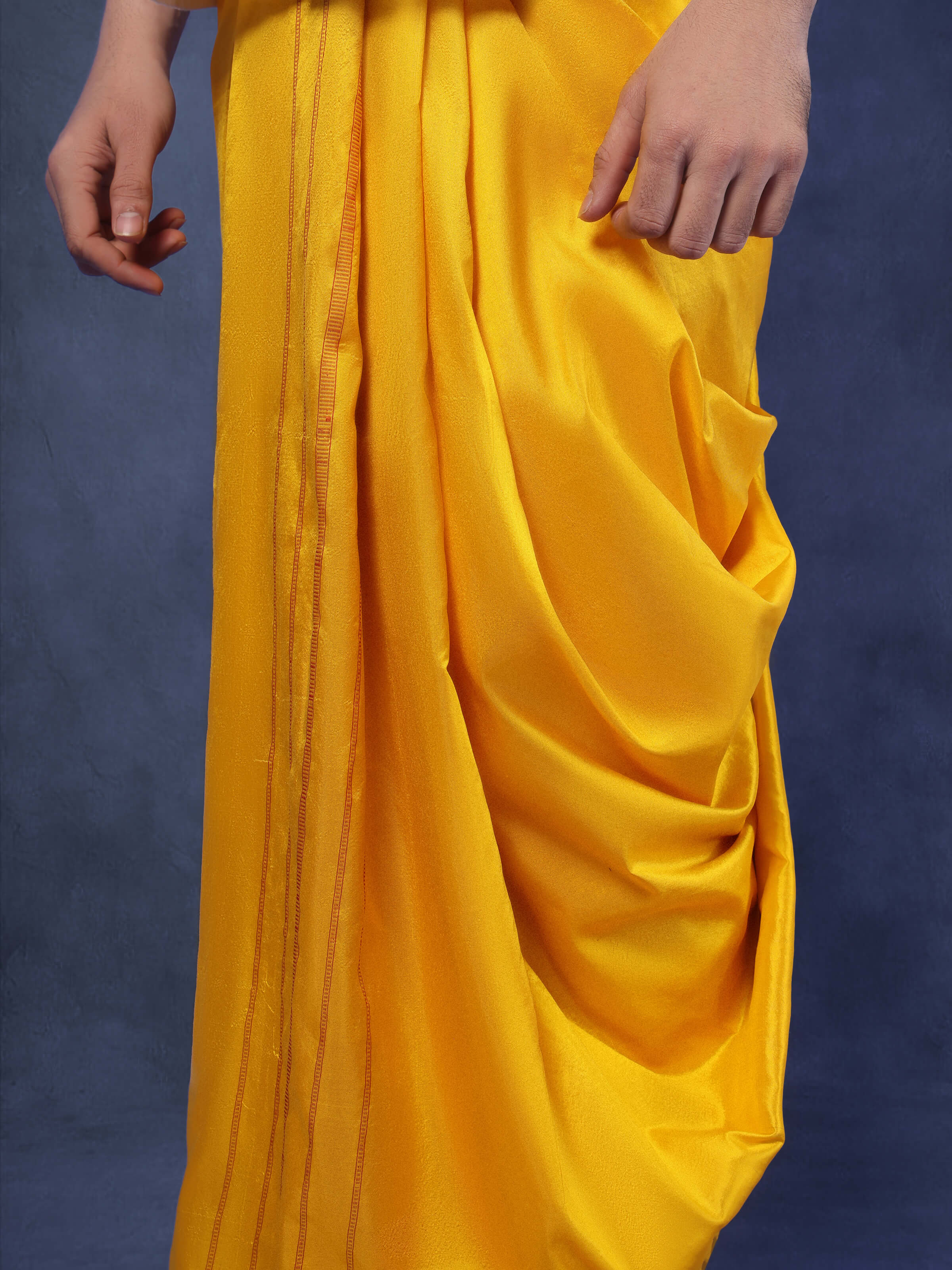 Close-up detail of silk thread texture on Yellow Mulberry Silk Unstitched Dhoti