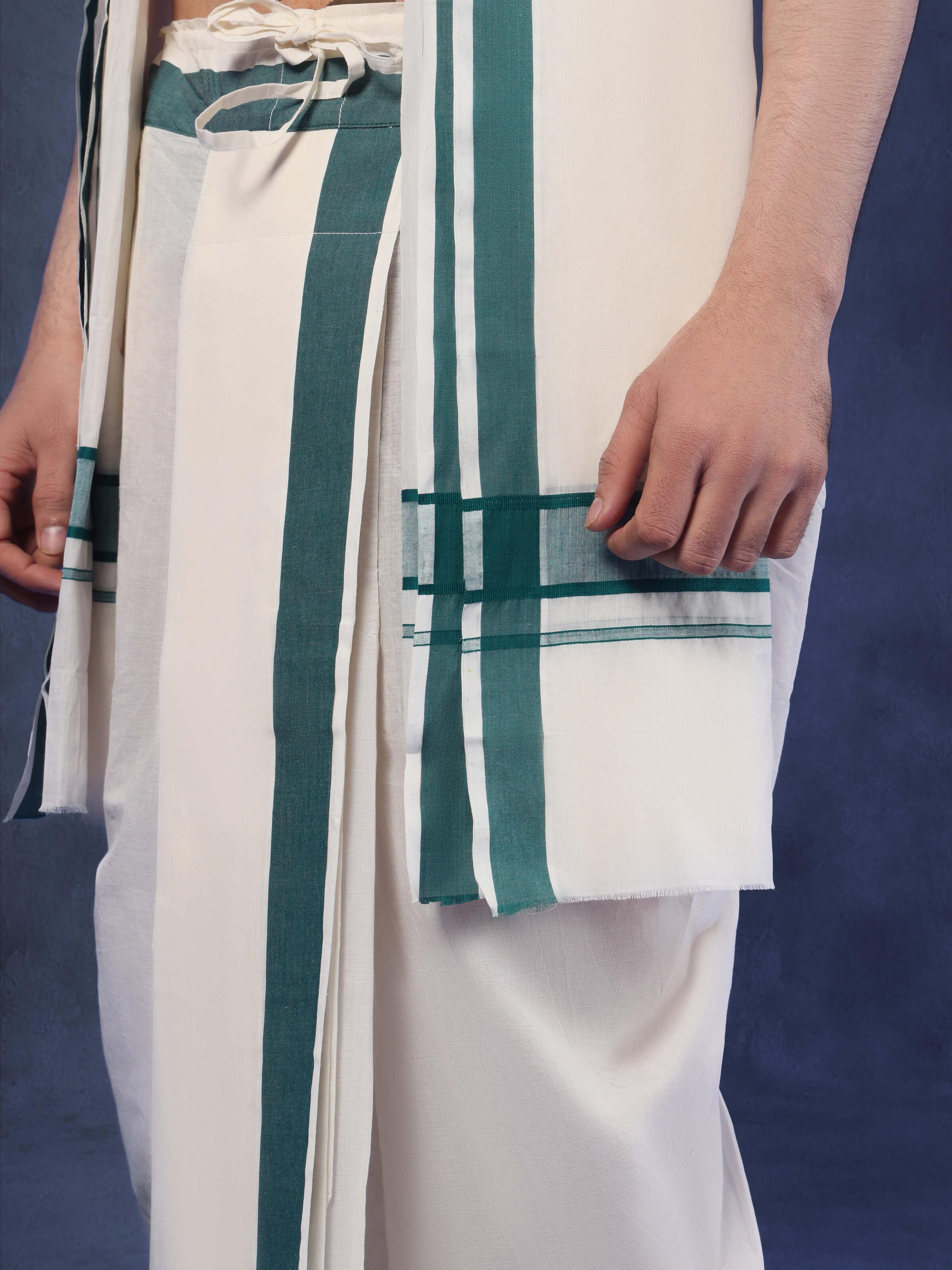 Detail shot of green cotton angavastram set highlighting the neat border finishing and handwoven texture