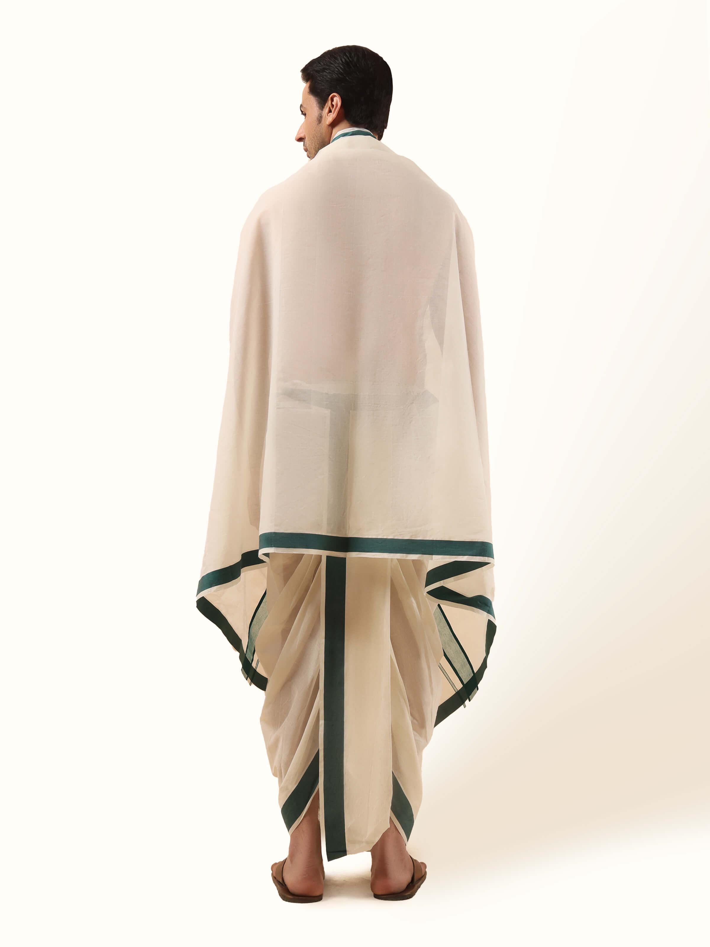 Back view of green cotton angavastram set displaying smooth cotton drape and fabric length