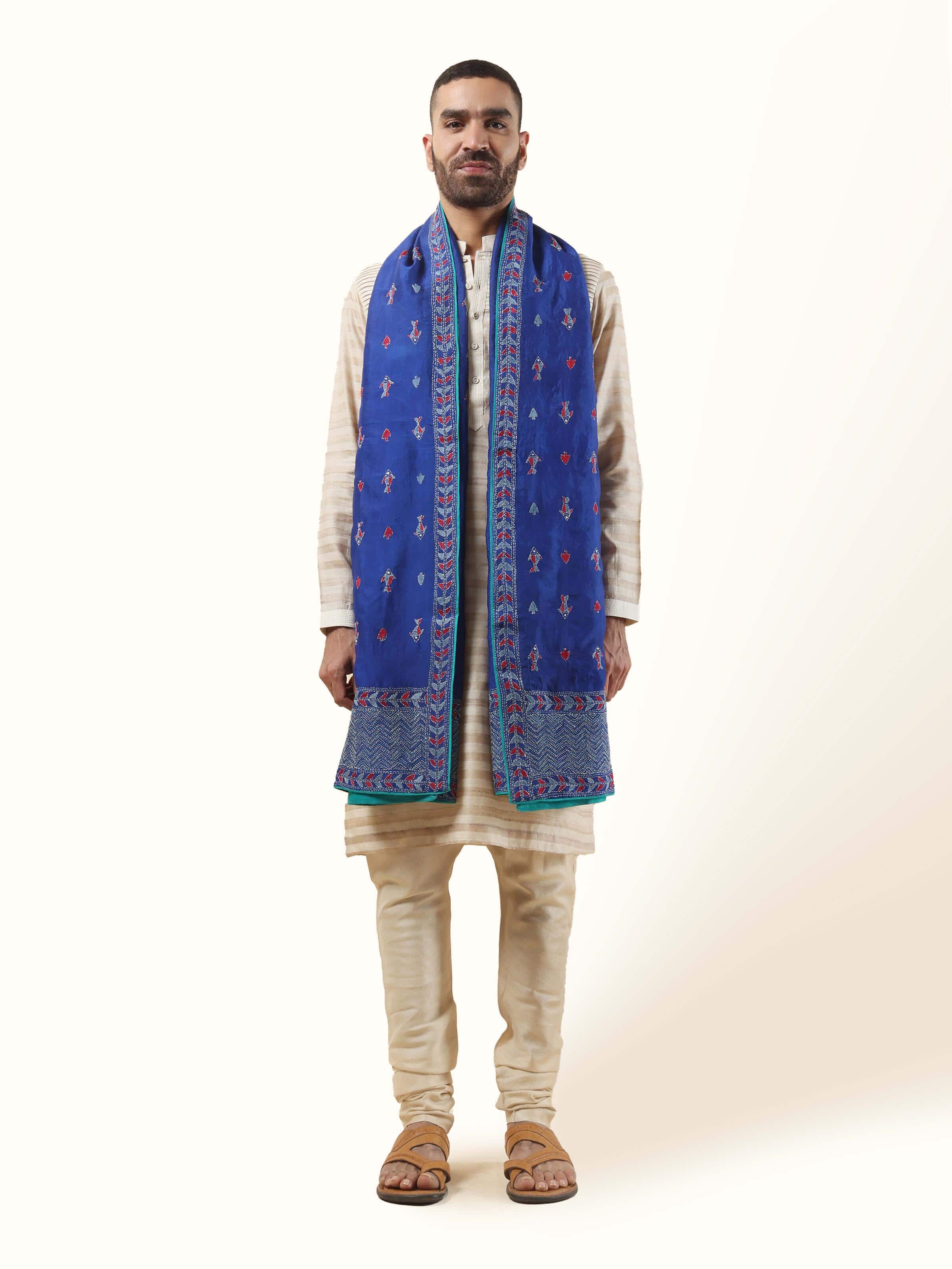 Front view of Blue Mulberry Silk Kantha Embroidered Stole showcasing vibrant blue silk fabric with kantha embroidery.
