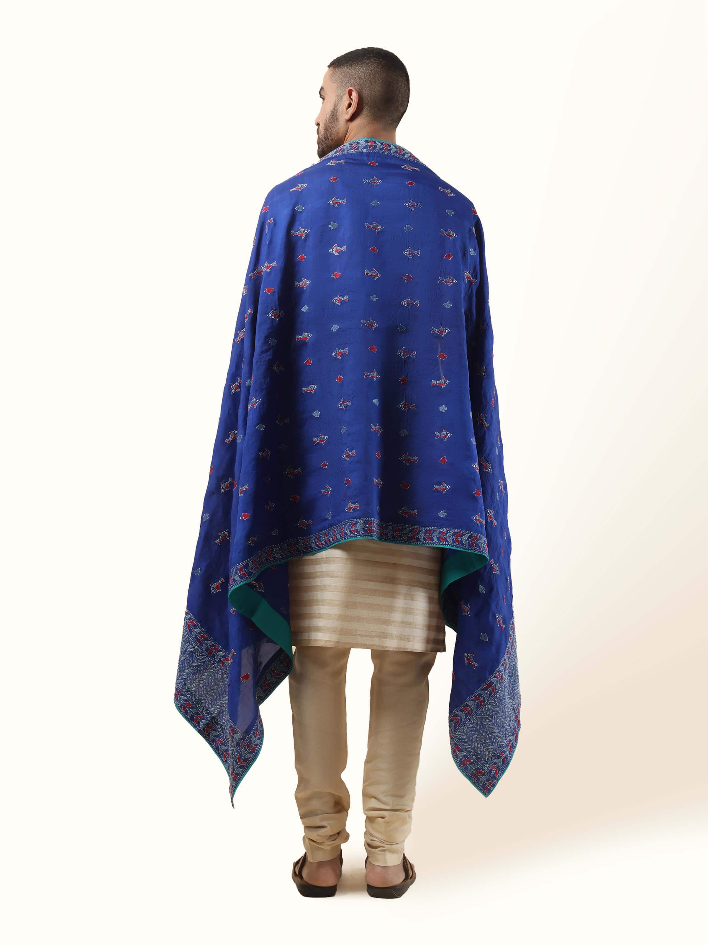 Back view of Blue Mulberry Silk Kantha Embroidered Stole revealing fine silk weave and clean finishing.