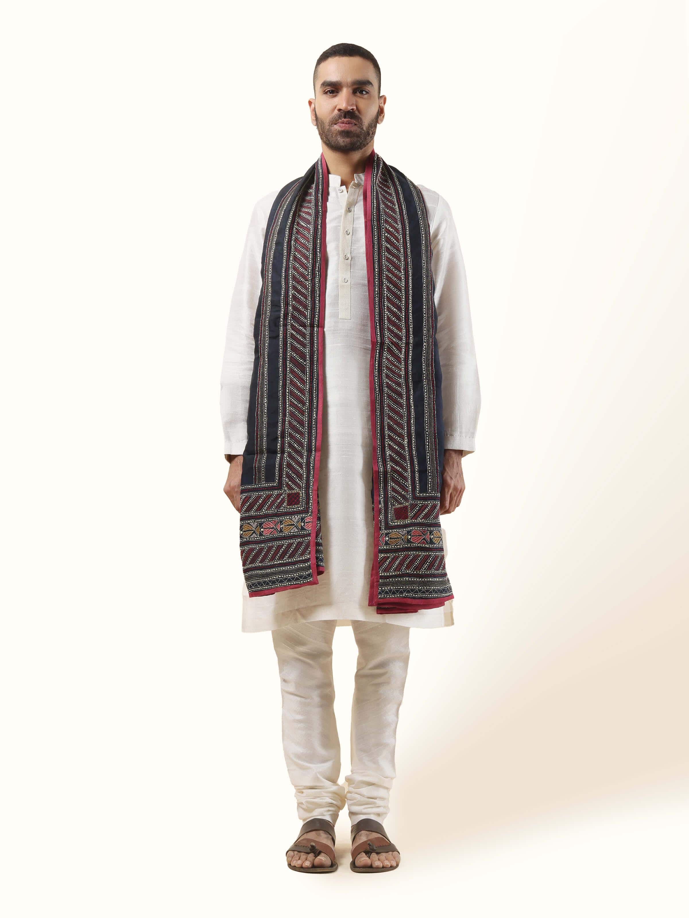 Black Mulberry Silk Kantha Embroidered Stole