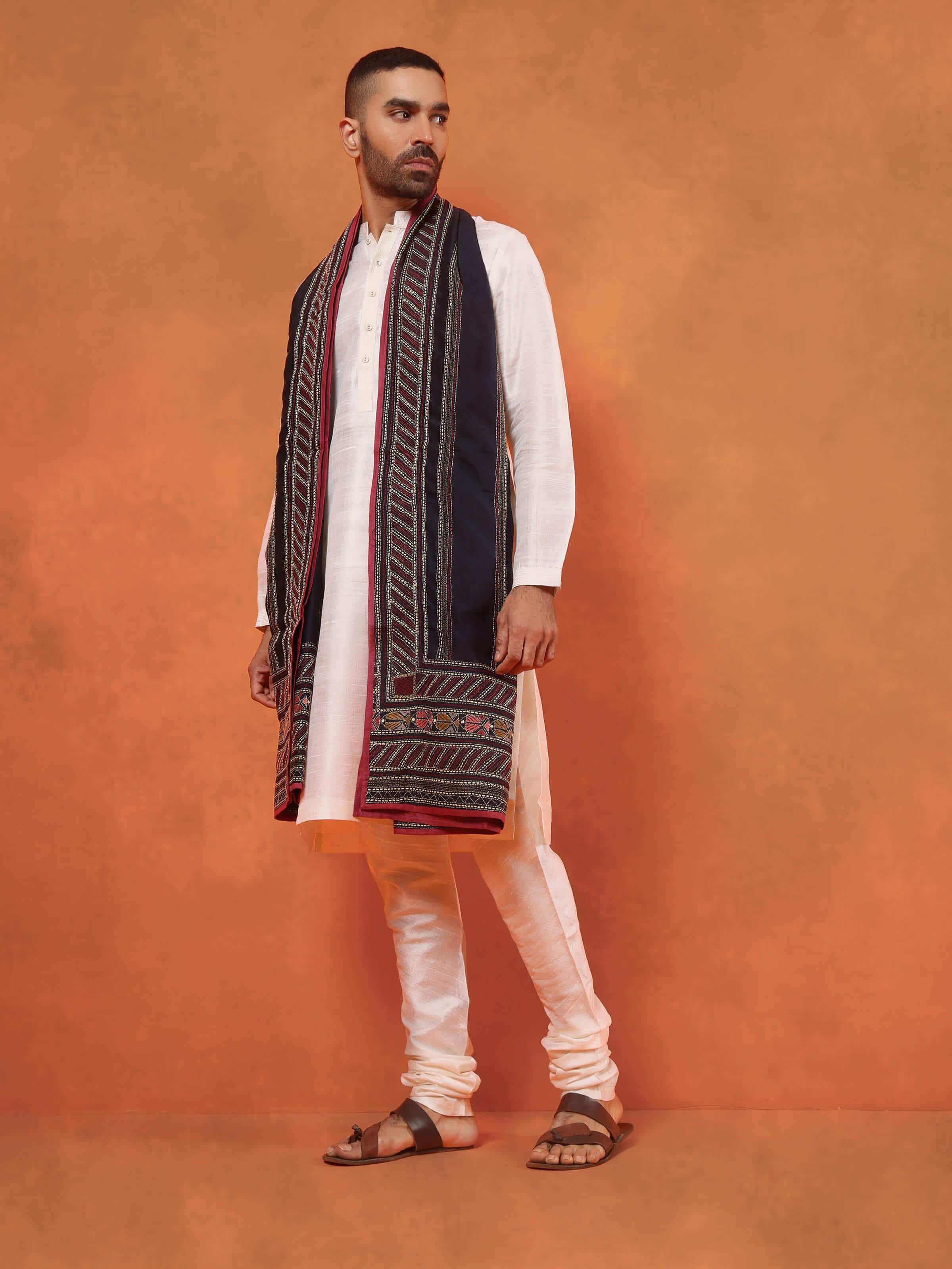 Black Mulberry Silk Kantha Embroidered Stole