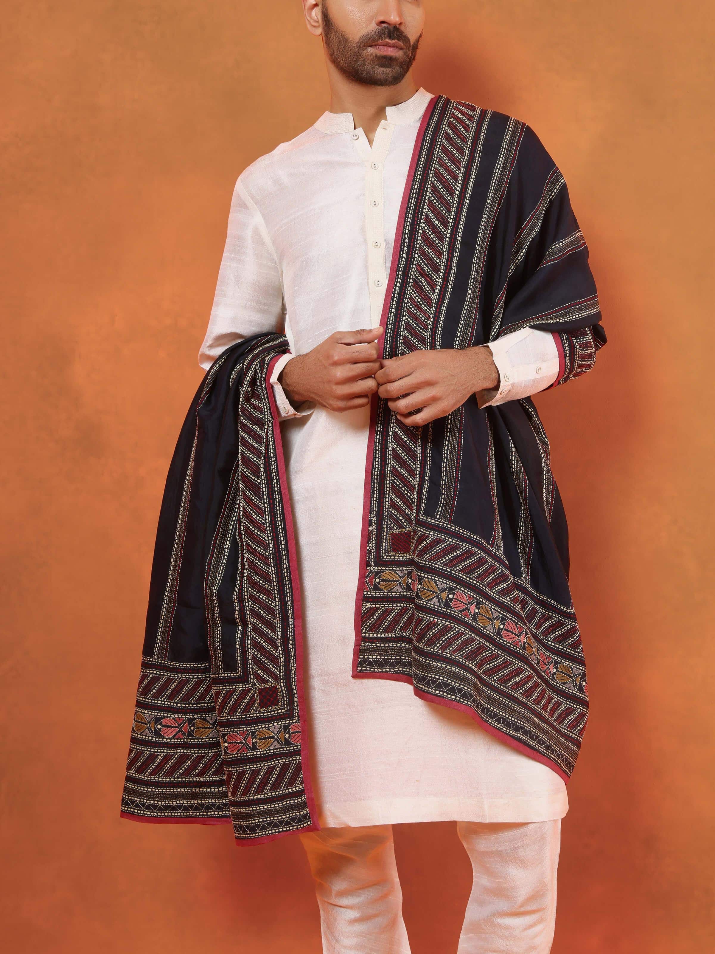 Black Mulberry Silk Kantha Embroidered Stole