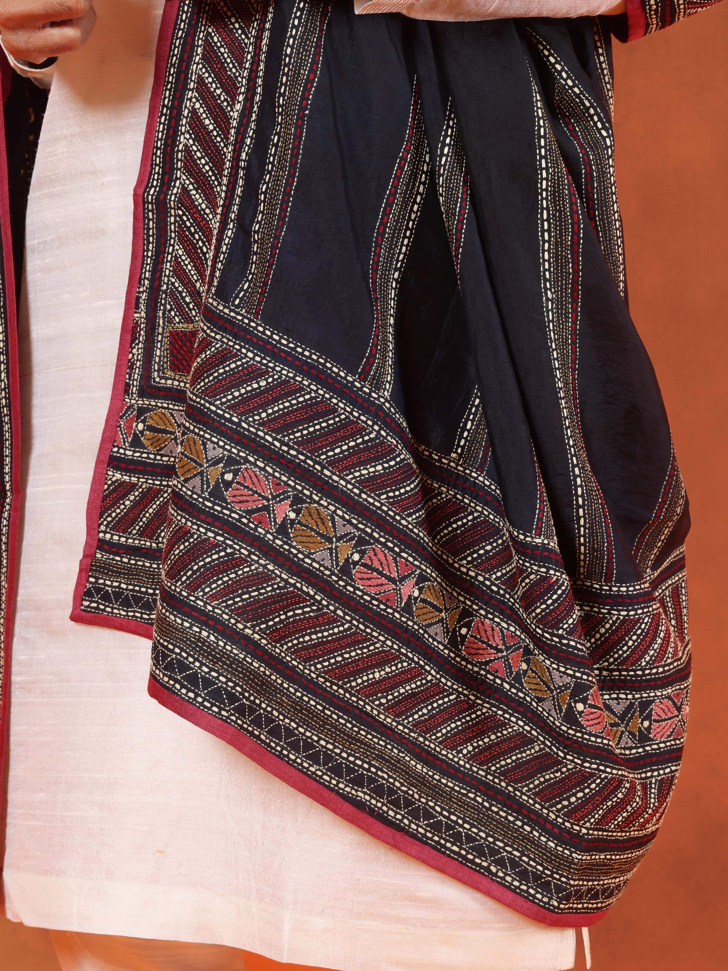 Black Mulberry Silk Kantha Embroidered Stole