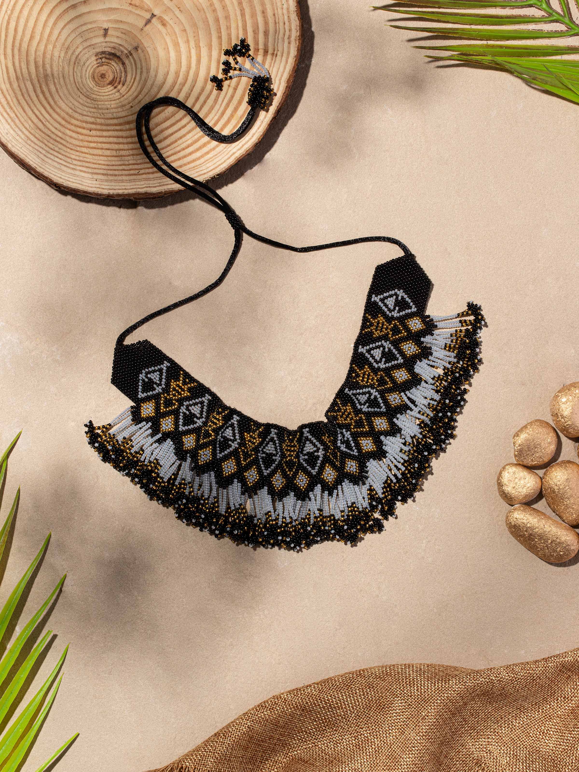 Side view of Glass Beads Choker showing the beaded design and overall length.