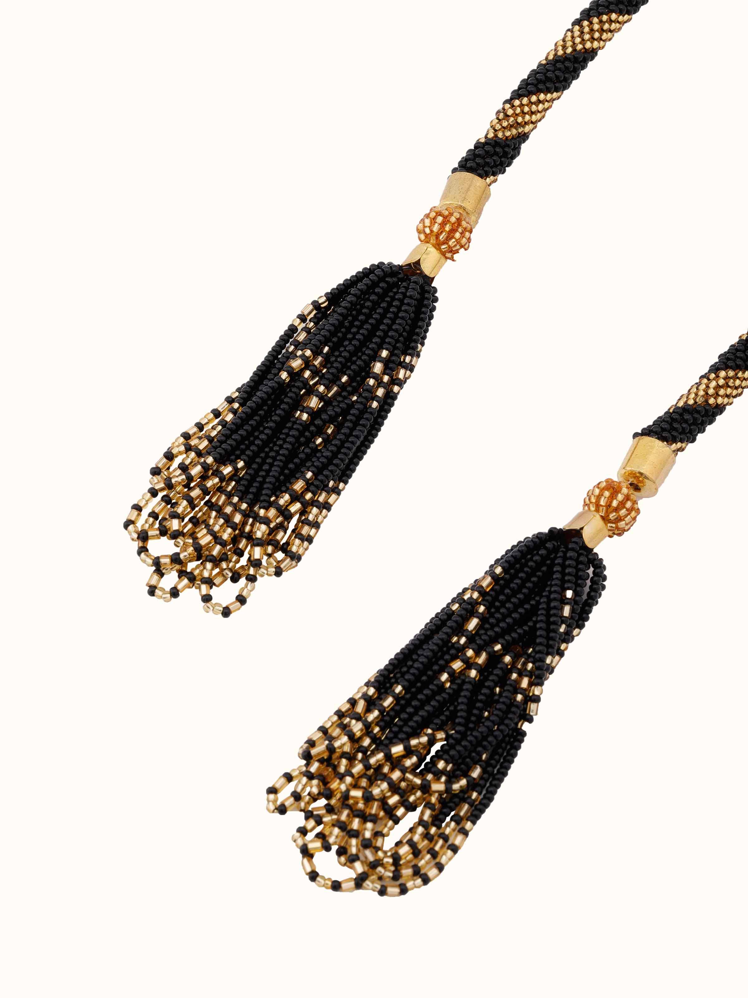 Overhead view of Glass beads long necklace displaying the full length and design