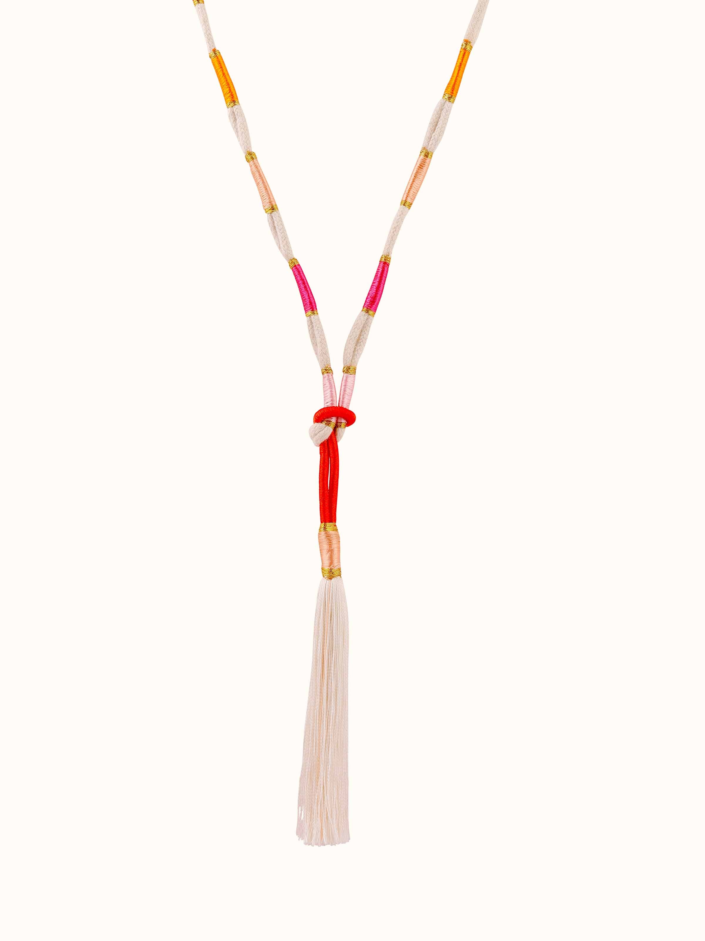 Front view of Patwa long necklace featuring vibrant colors and intricate pattern