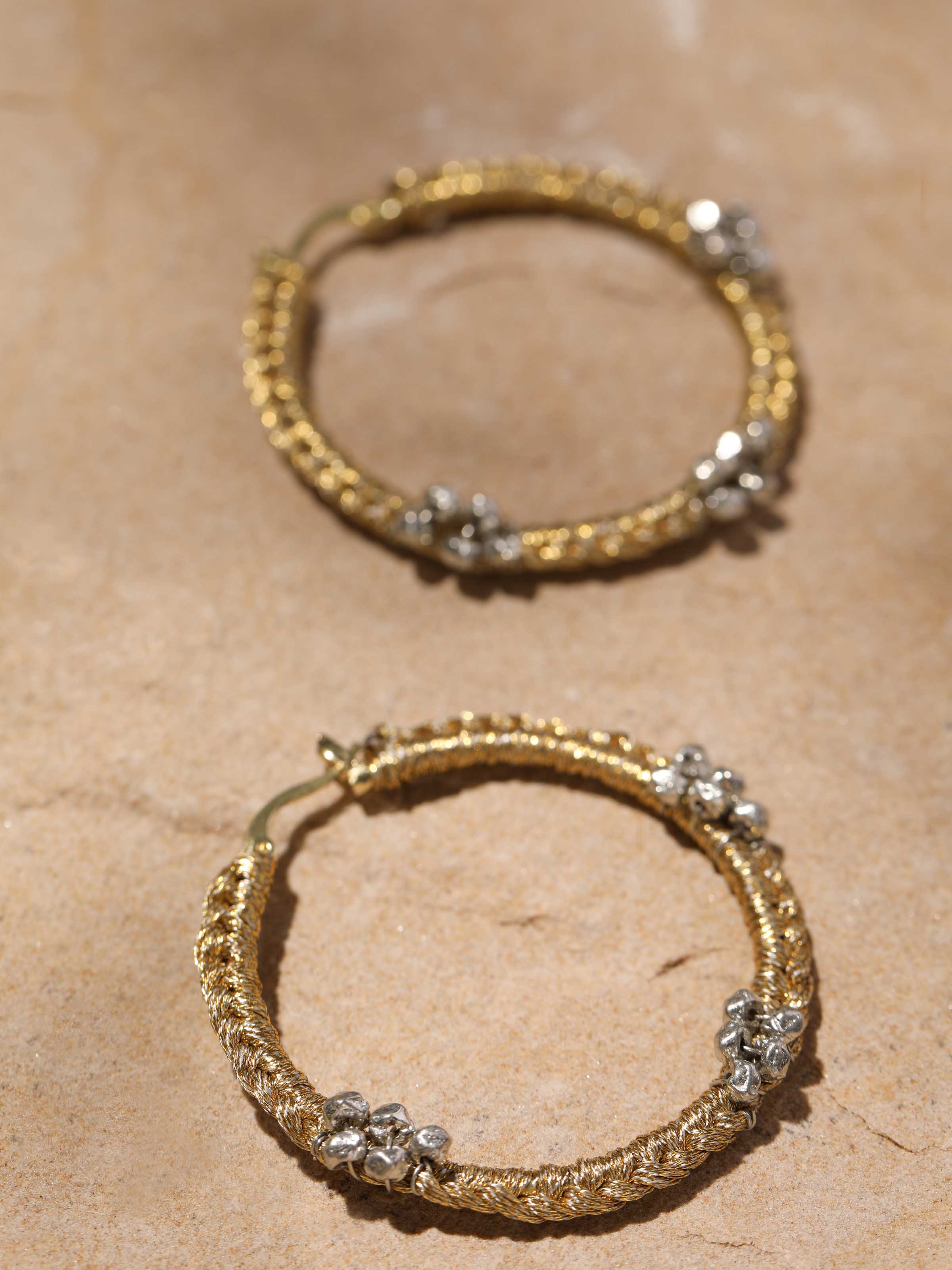 Detailed view of Zari Patwa hoop earrings focusing on intricate Patwa thread detailing