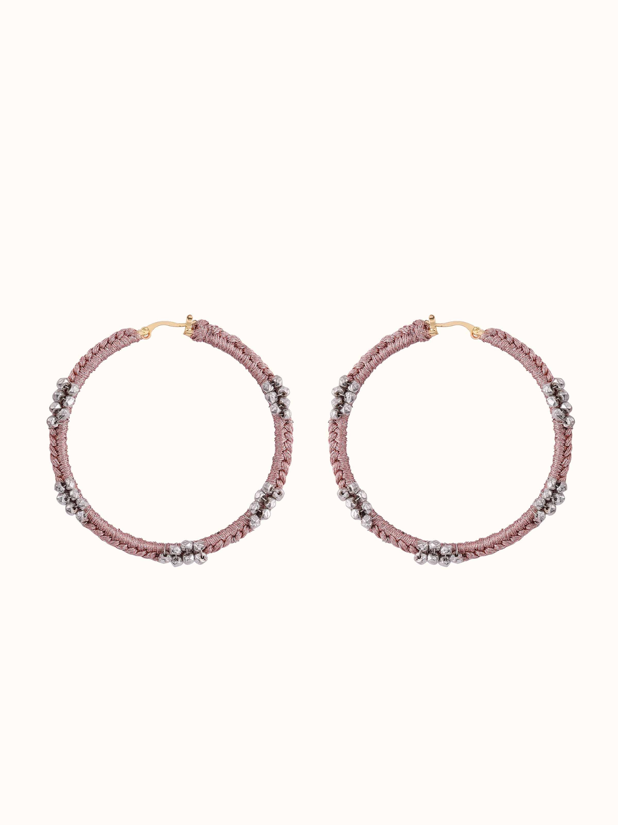 Front view of Zari Patwa Hoop Earrings featuring intricate zari work and elegant hoop design.