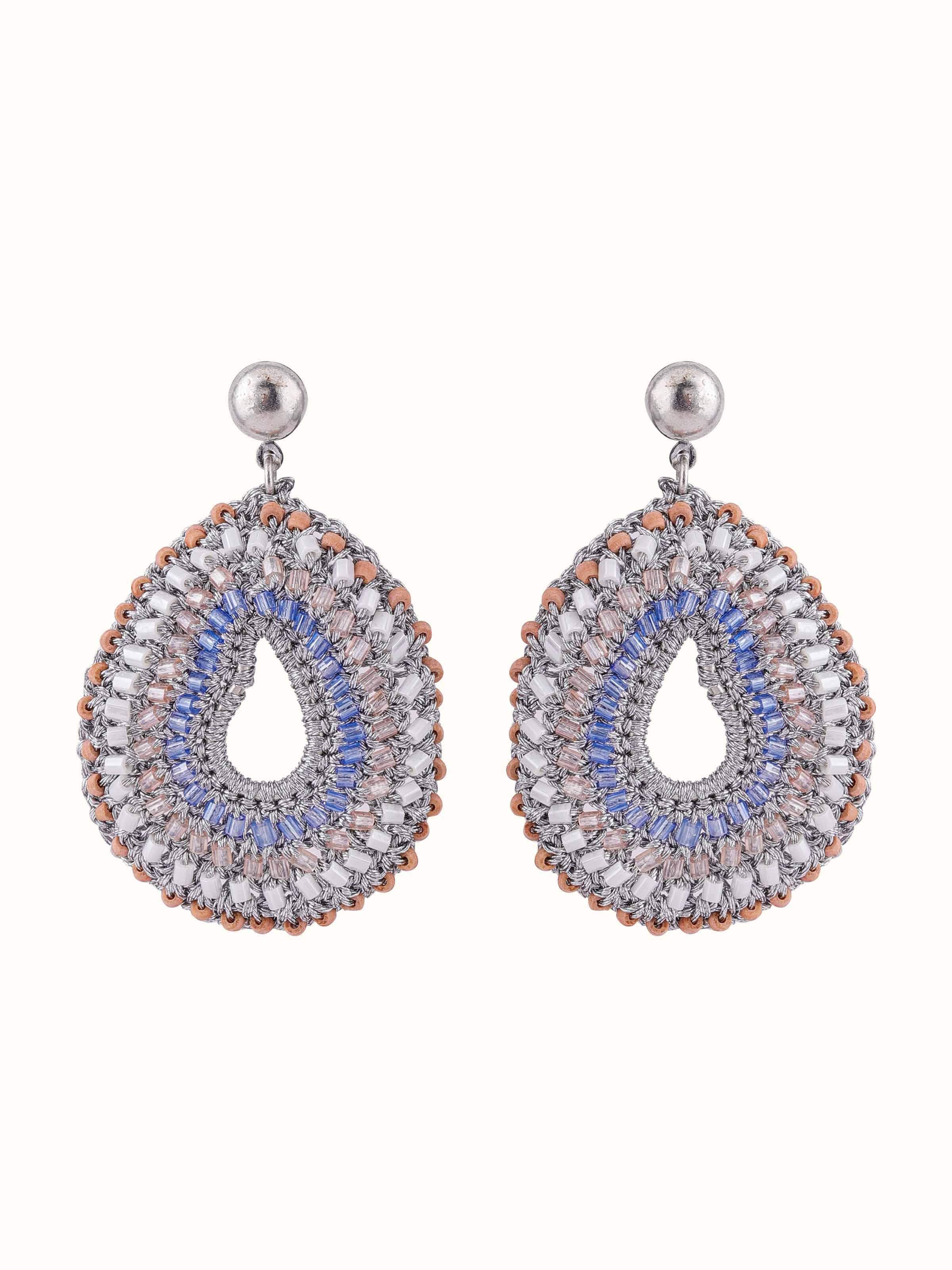 Front view of Zari Patwa drop earrings highlighting intricate gold zari embroidery and graceful craftsmanship.