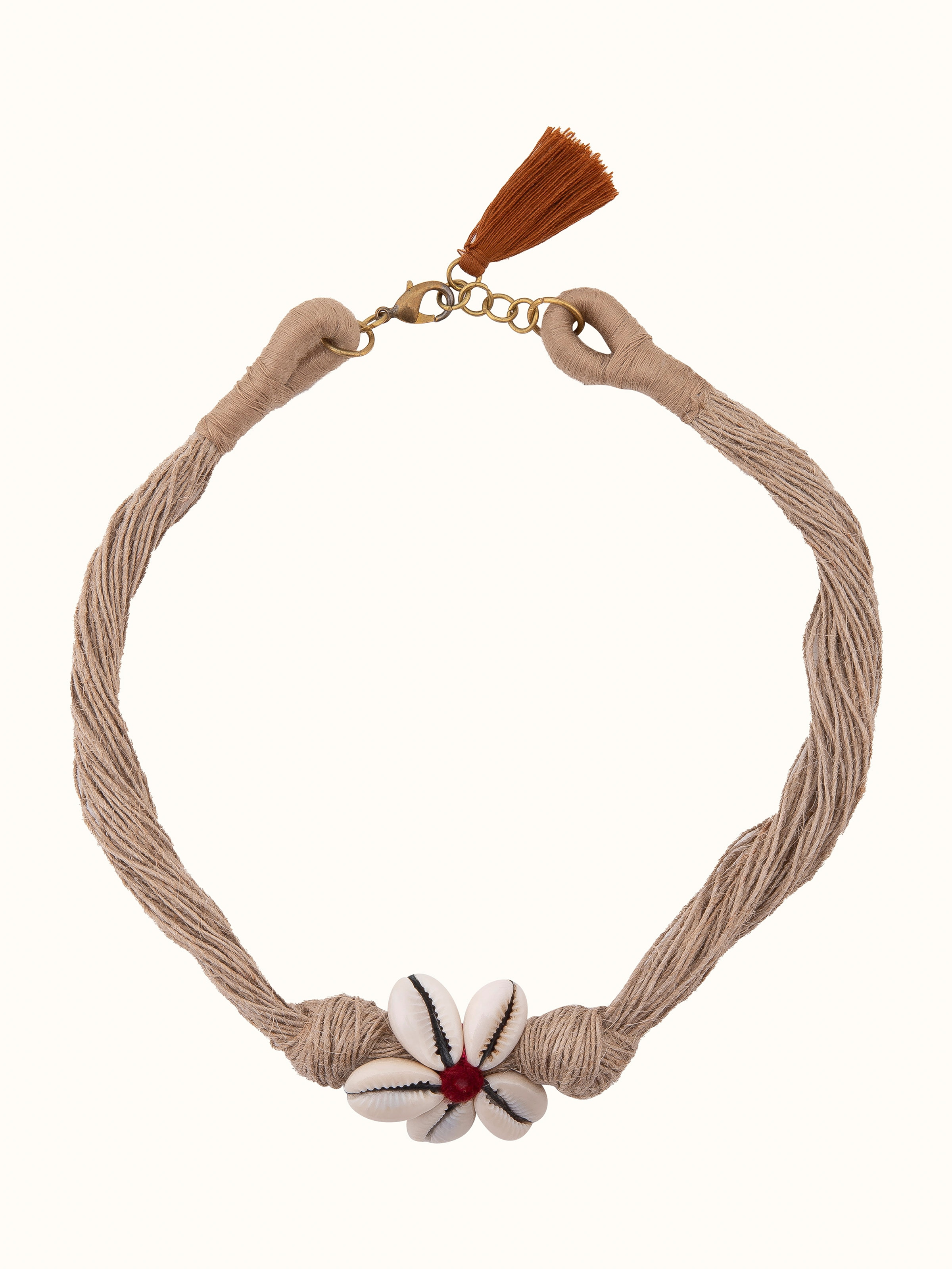 Front view of Jute Long Necklace showcasing natural jute fibers and intricate design.
