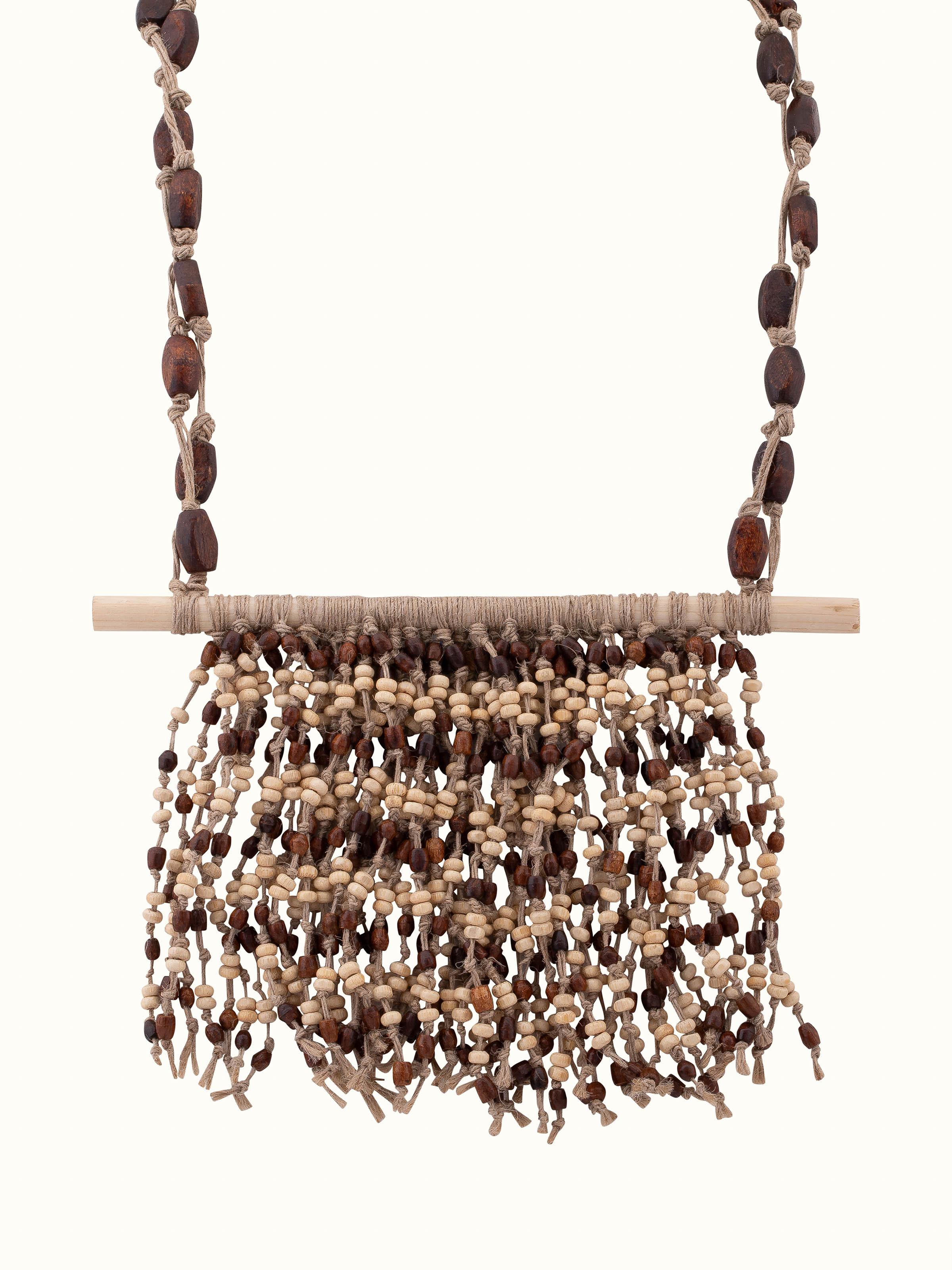 Angled view of Jute Long Necklace emphasizing its design and natural material.