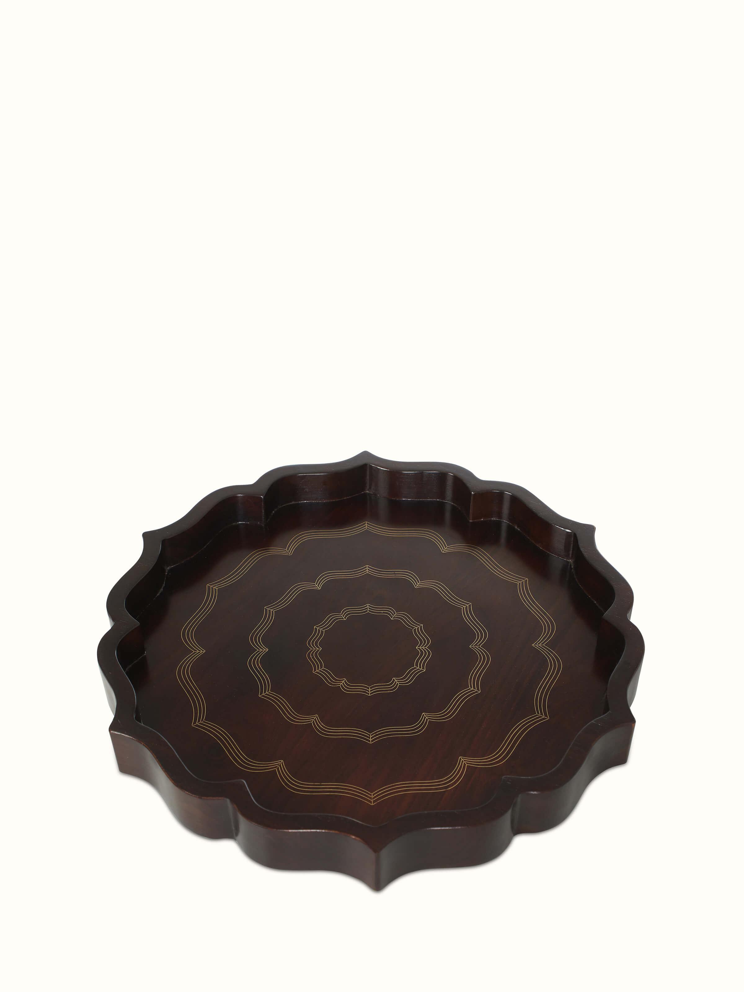 Front view of Tarkashi Sheesham wood & brass decorative tray in brown color showcasing detailed craftsmanship.