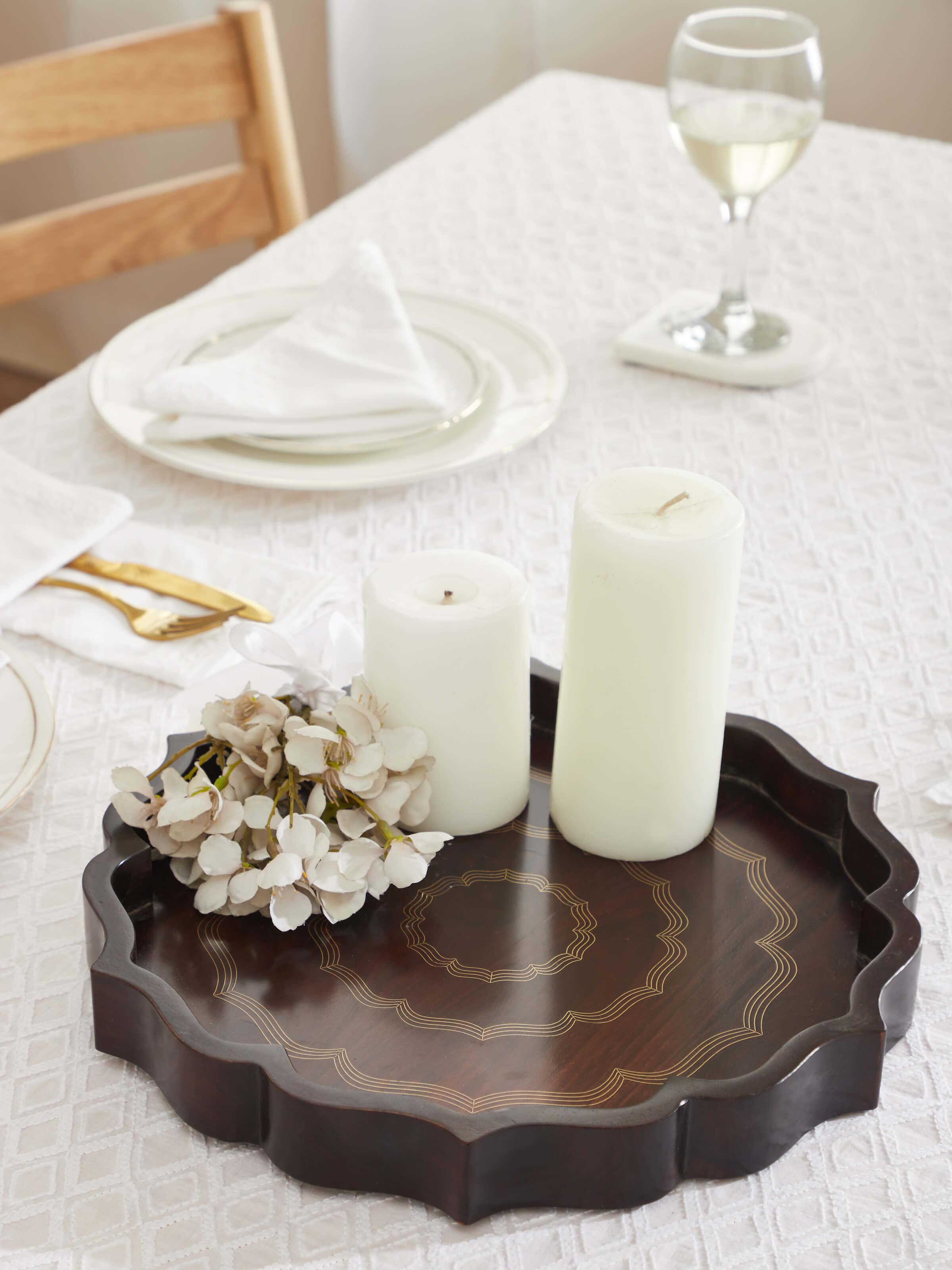 Side view of Tarkashi Sheesham wood & brass decorative tray in brown color highlighting its elegant design.