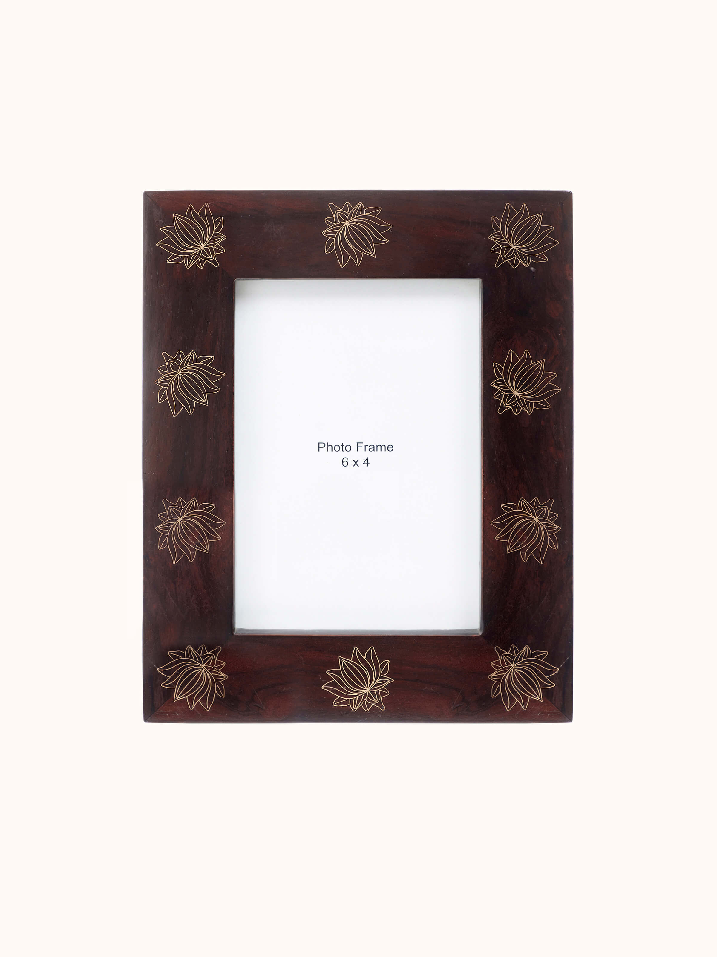 Front view of Tarkashi sheesham wood & brass lotus photo frame showcasing detailed brass inlay and elegant woodwork