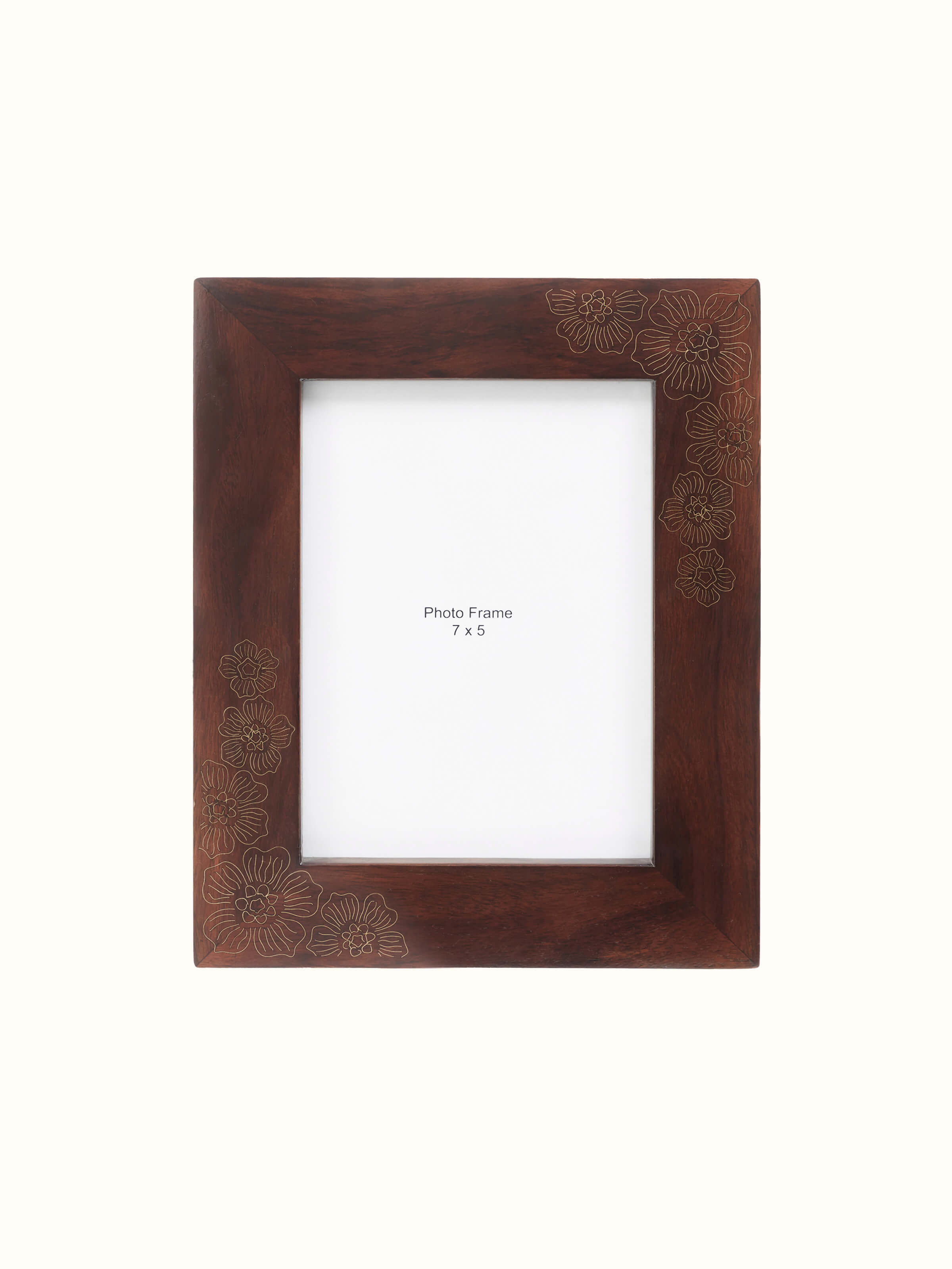 Front view of Tarkashi sheesham wood & brass photo frame highlighting the intricate brass inlay and wood grain.