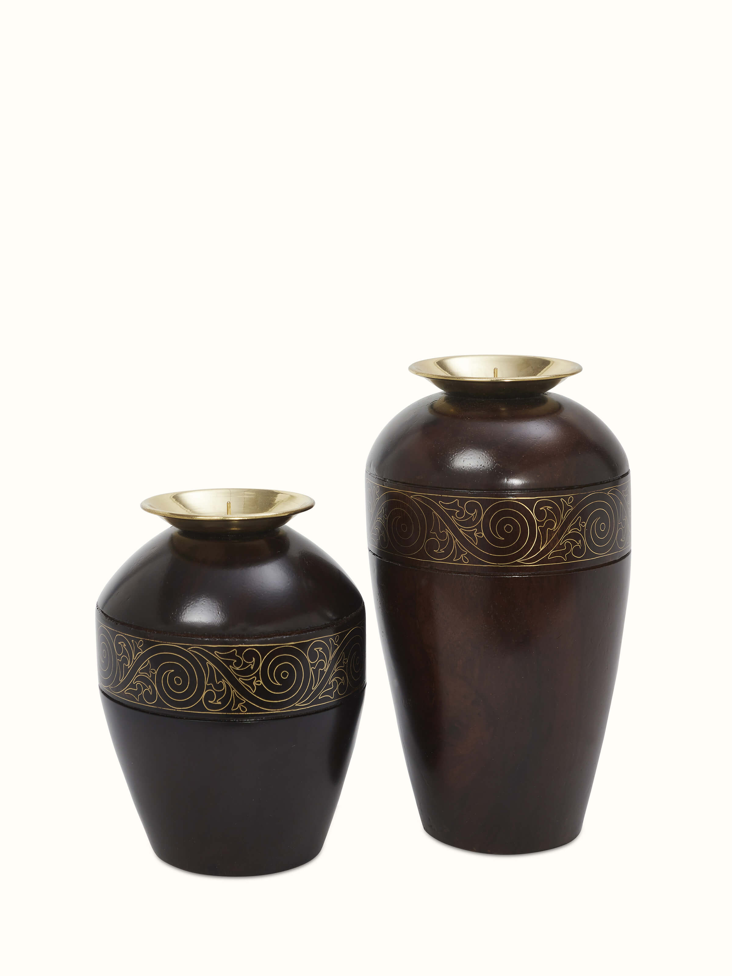 Front view of Tarkashi Sheesham wood & brass candle bases in golden color (2 pcs)