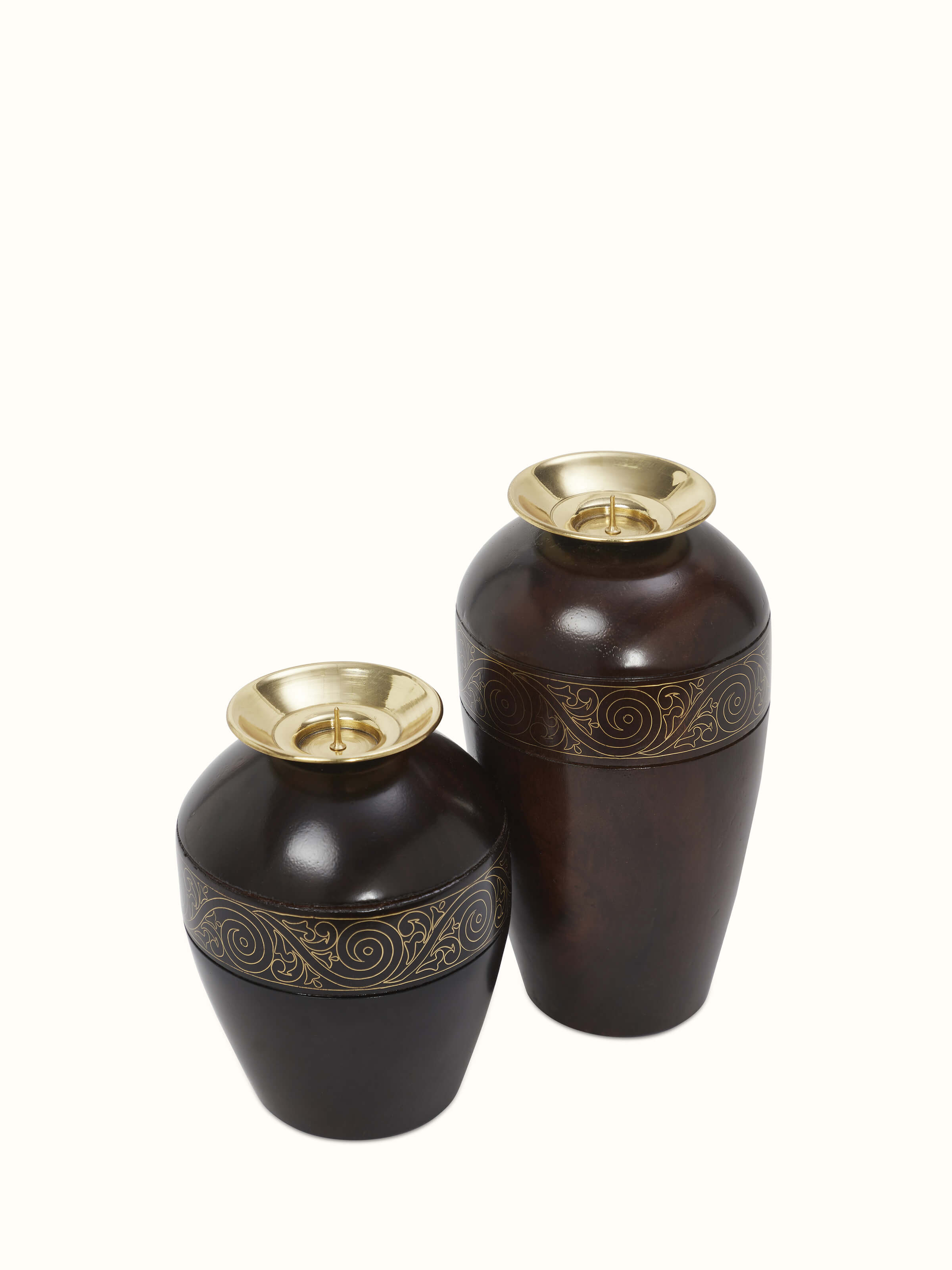 Side view of Tarkashi Sheesham wood & brass candle bases in golden color (2 pcs)