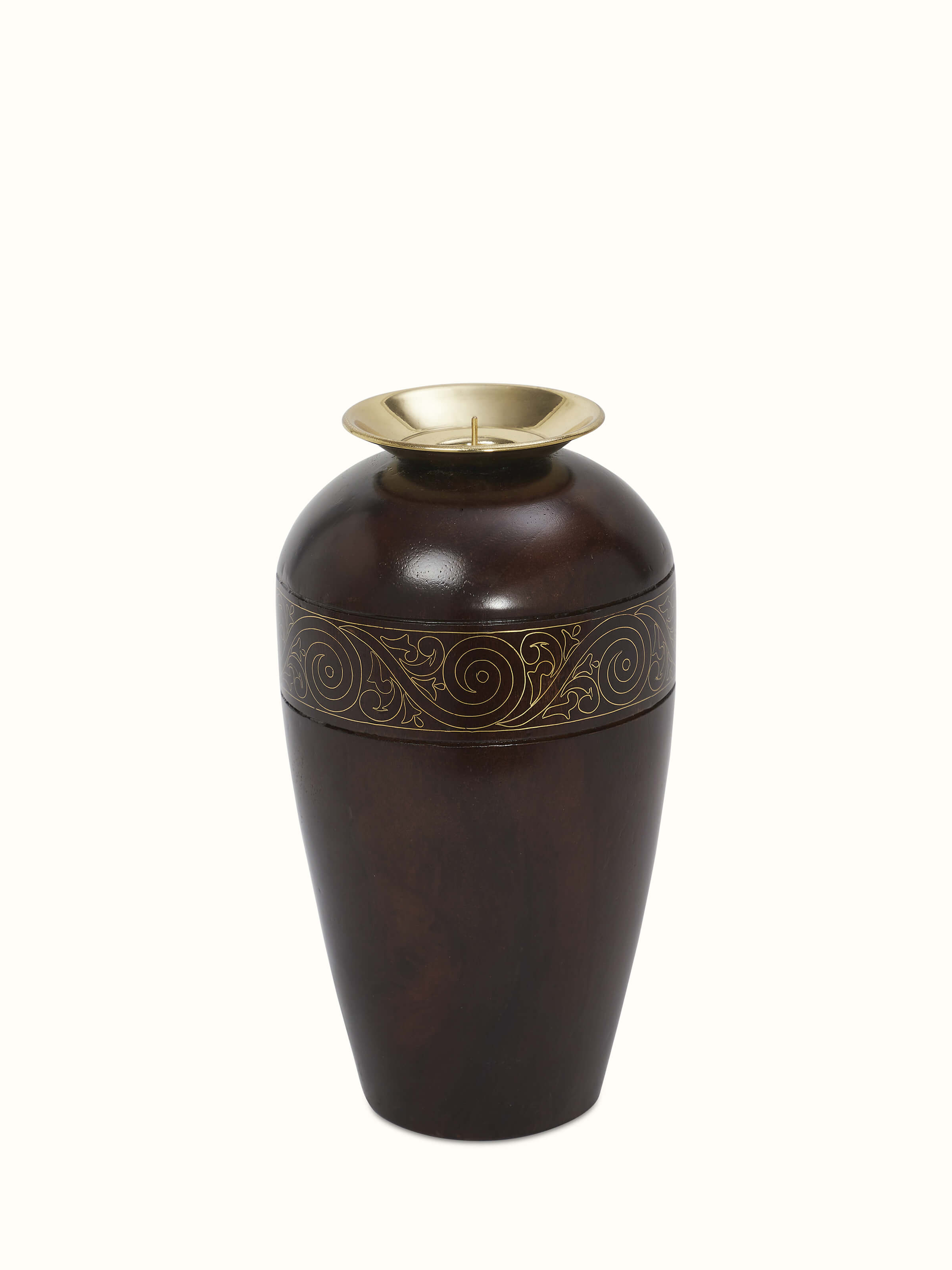 Close-up of Tarkashi Sheesham wood & brass candle bases in golden color showing fine details (2 pcs)