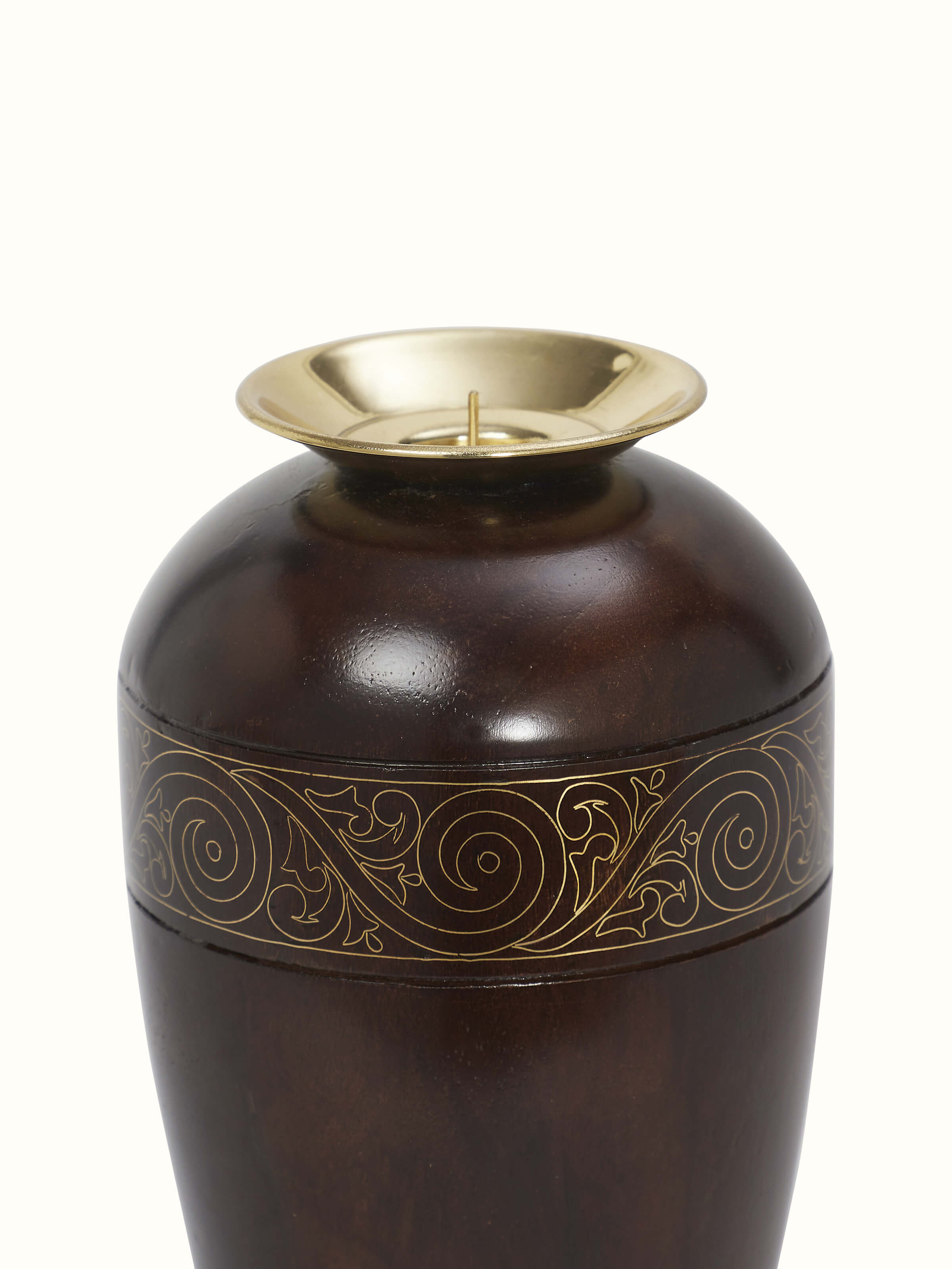 Detailed view of golden Tarkashi Sheesham wood & brass candle bases (2 pcs) showcasing craftsmanship