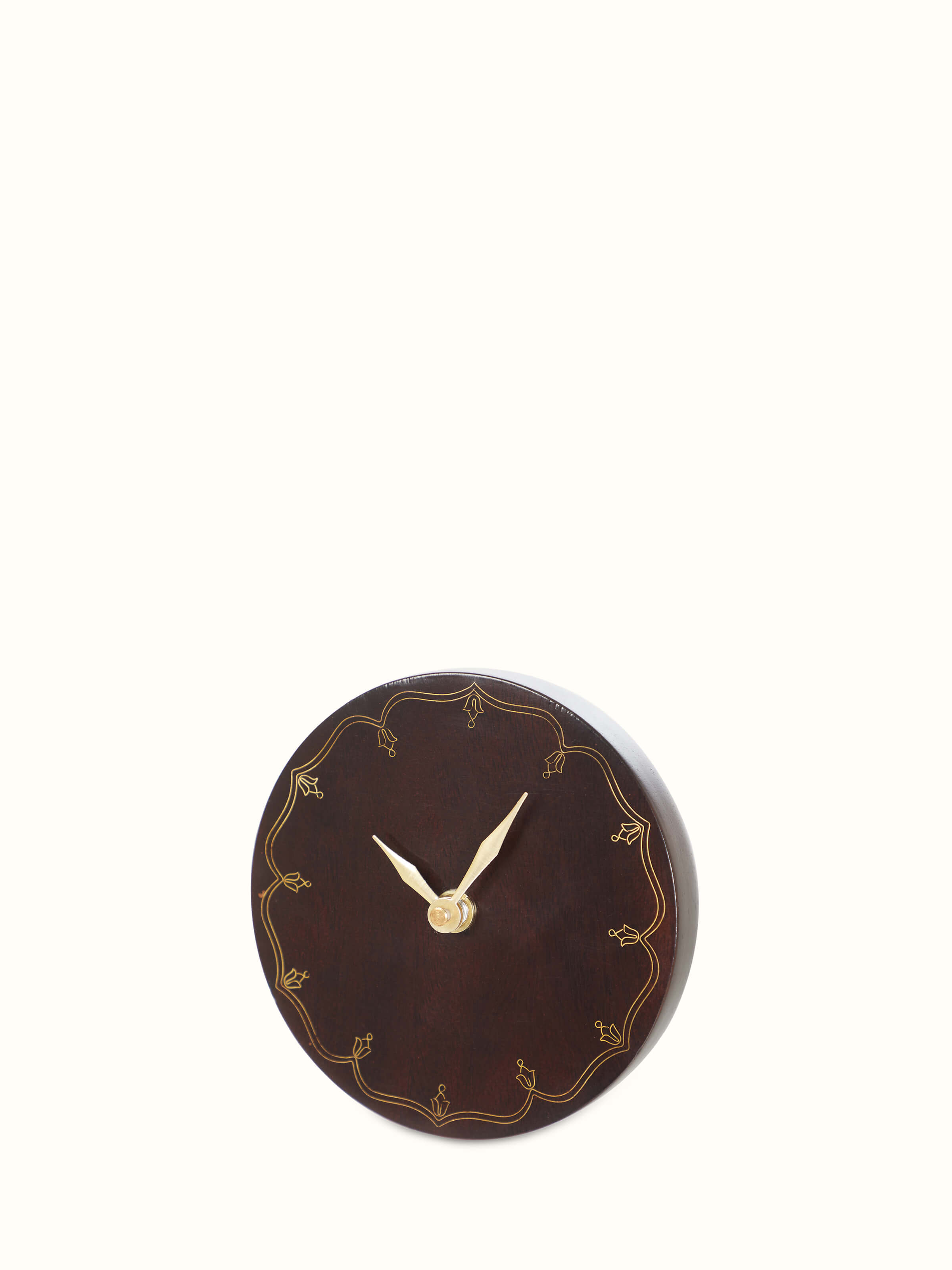 Front view of natural tarkashi sheesham wood & brass table clock, displaying its elegant woodwork and brass detailing