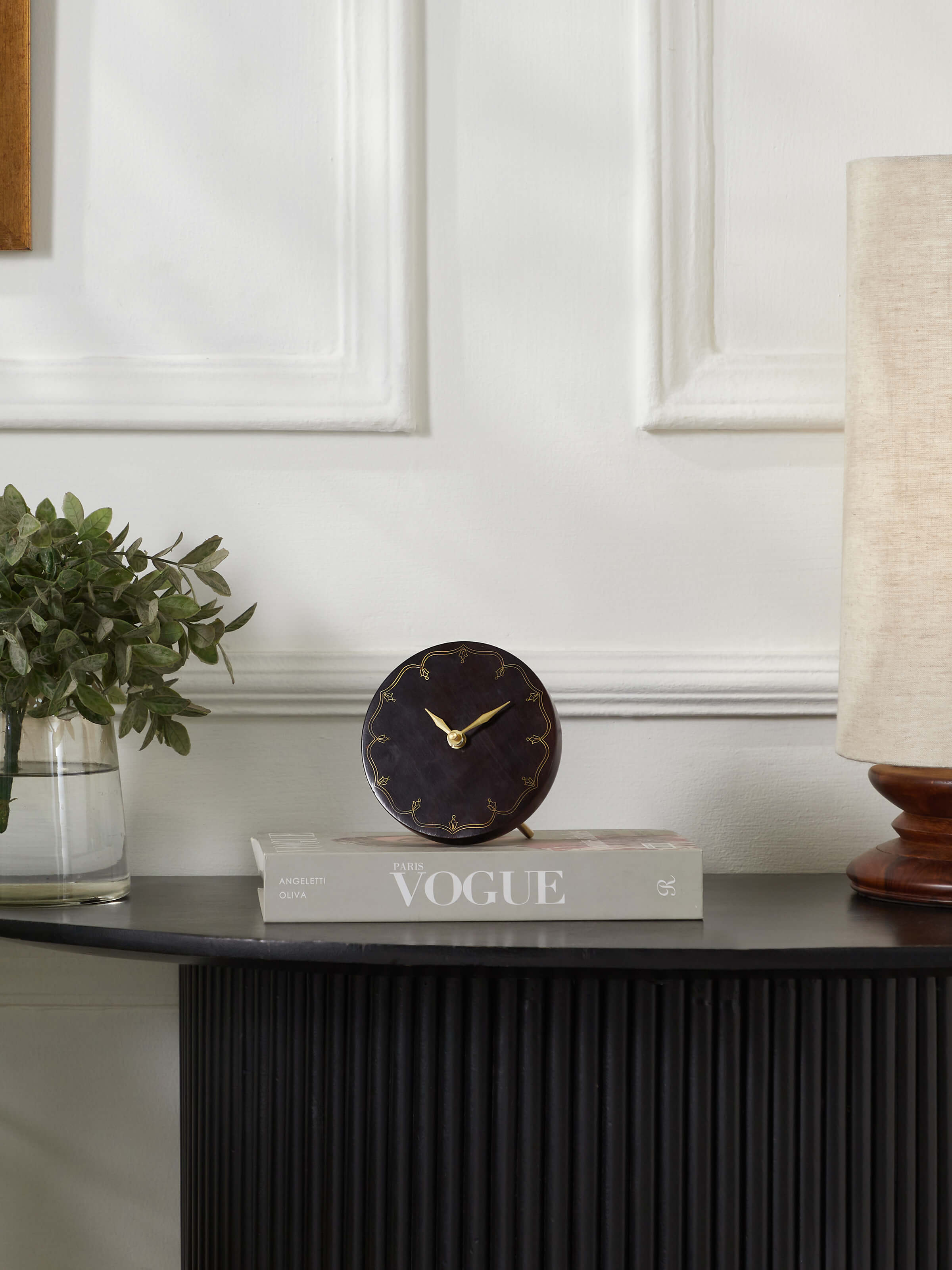 Side view of natural tarkashi sheesham wood & brass table clock, highlighting the traditional craftsmanship and intricate designs