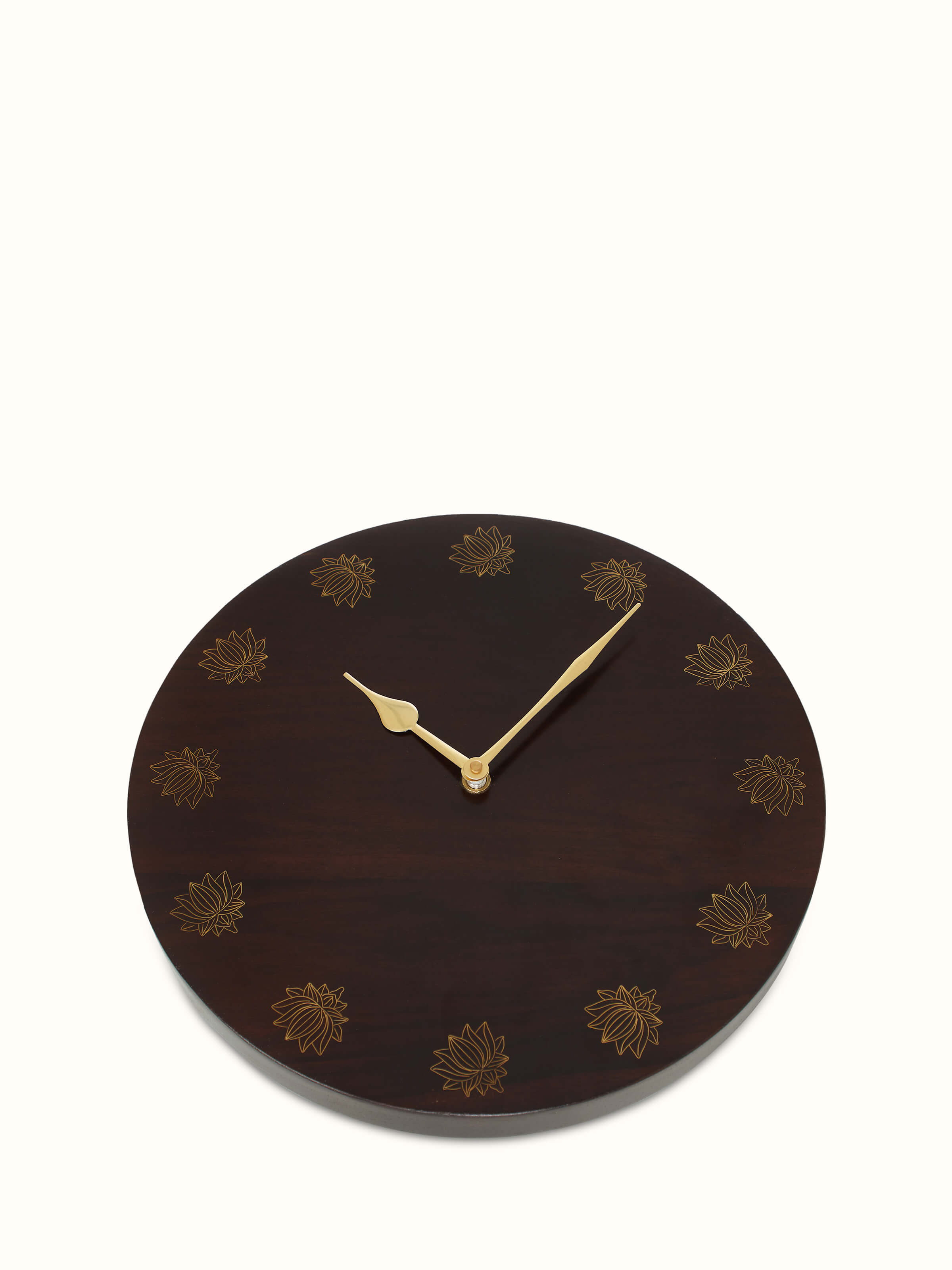 Front view of natural tarkashi sheesham wood & brass wall clock, showcasing the elegant design.