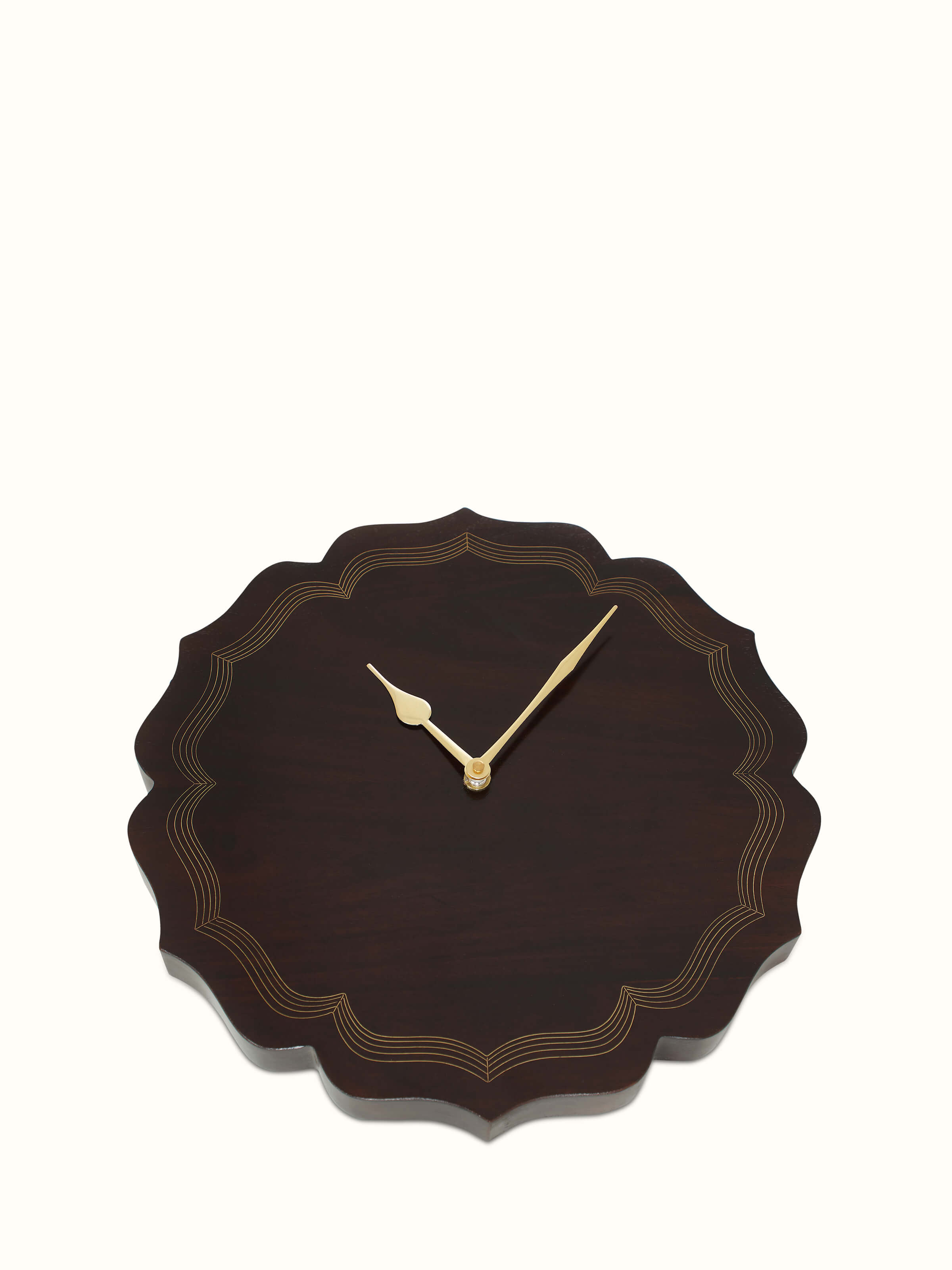 Front view of Handcrafted Tarkashi Sheesham Wood & Brass Wall Clock, highlighting the intricate detailing and craftsmanship.