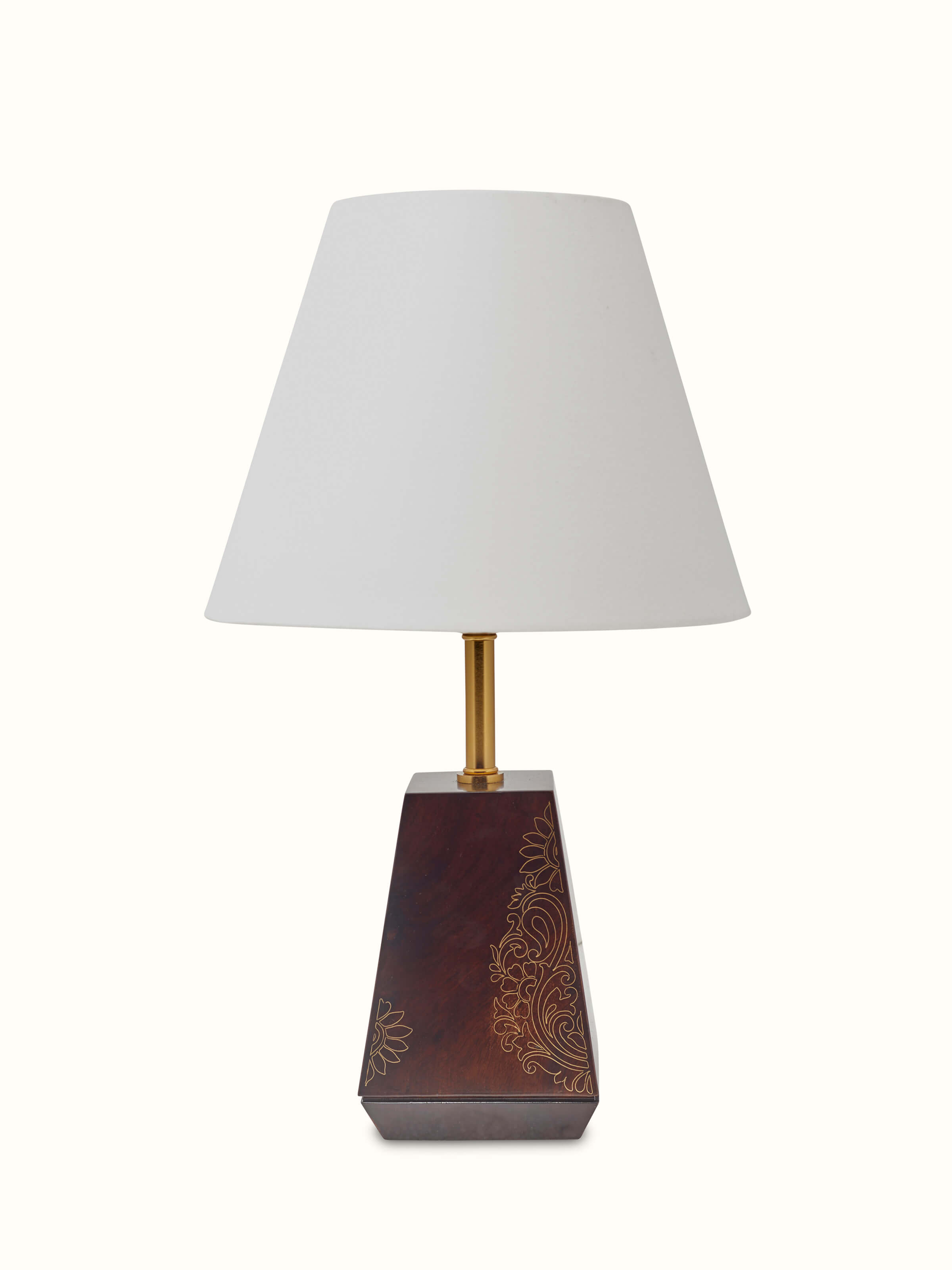 Front view of Tarkashi Sheesham Wood & Brass Table Lamp showcasing its traditional design and craftsmanship.