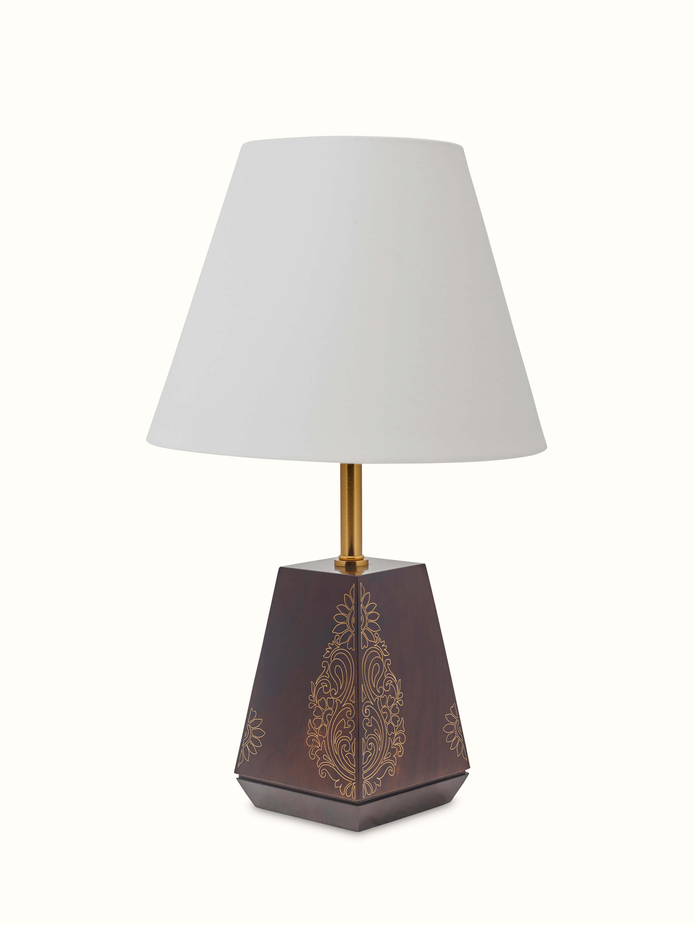 Side view of Tarkashi Sheesham Wood & Brass Table Lamp highlighting its detailed work and wood finish.