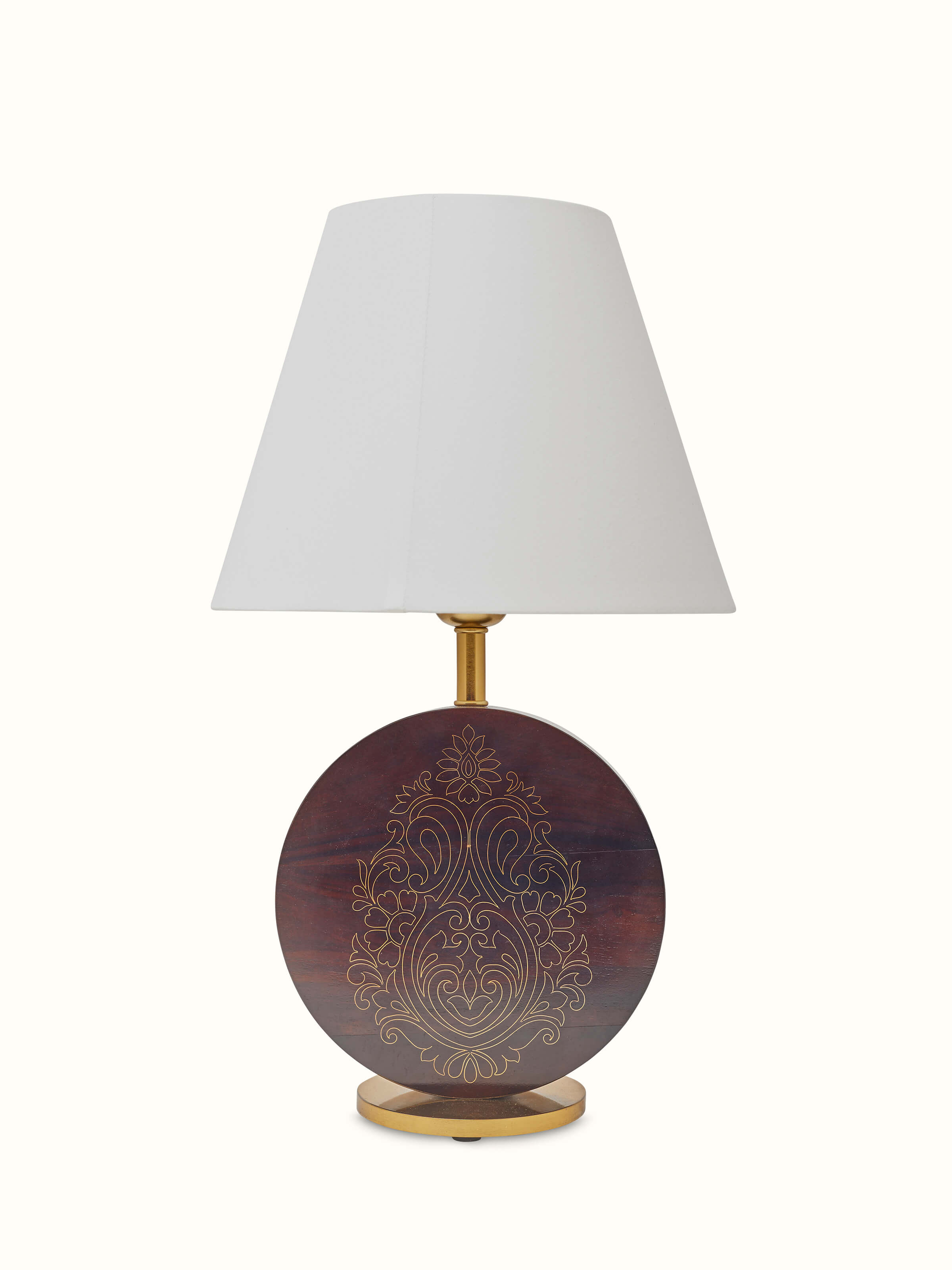 Front view of Tarkashi Sheesham Wood & Brass Table Lamp with Square Base showing intricate Tarkashi craftsmanship and elegant design