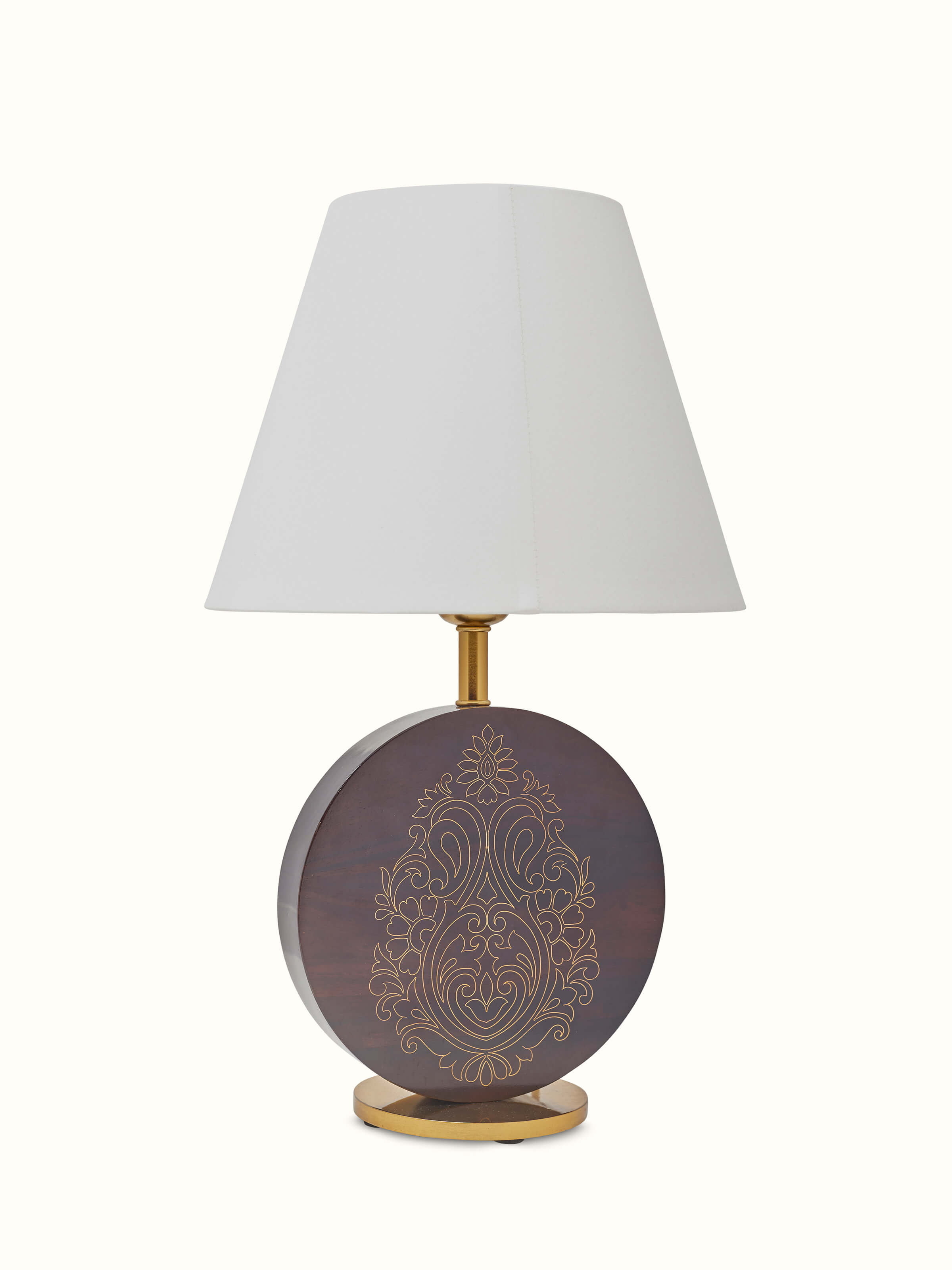 Side view of Tarkashi Sheesham Wood & Brass Table Lamp with Square Base highlighting its detailed woodwork and brass accents