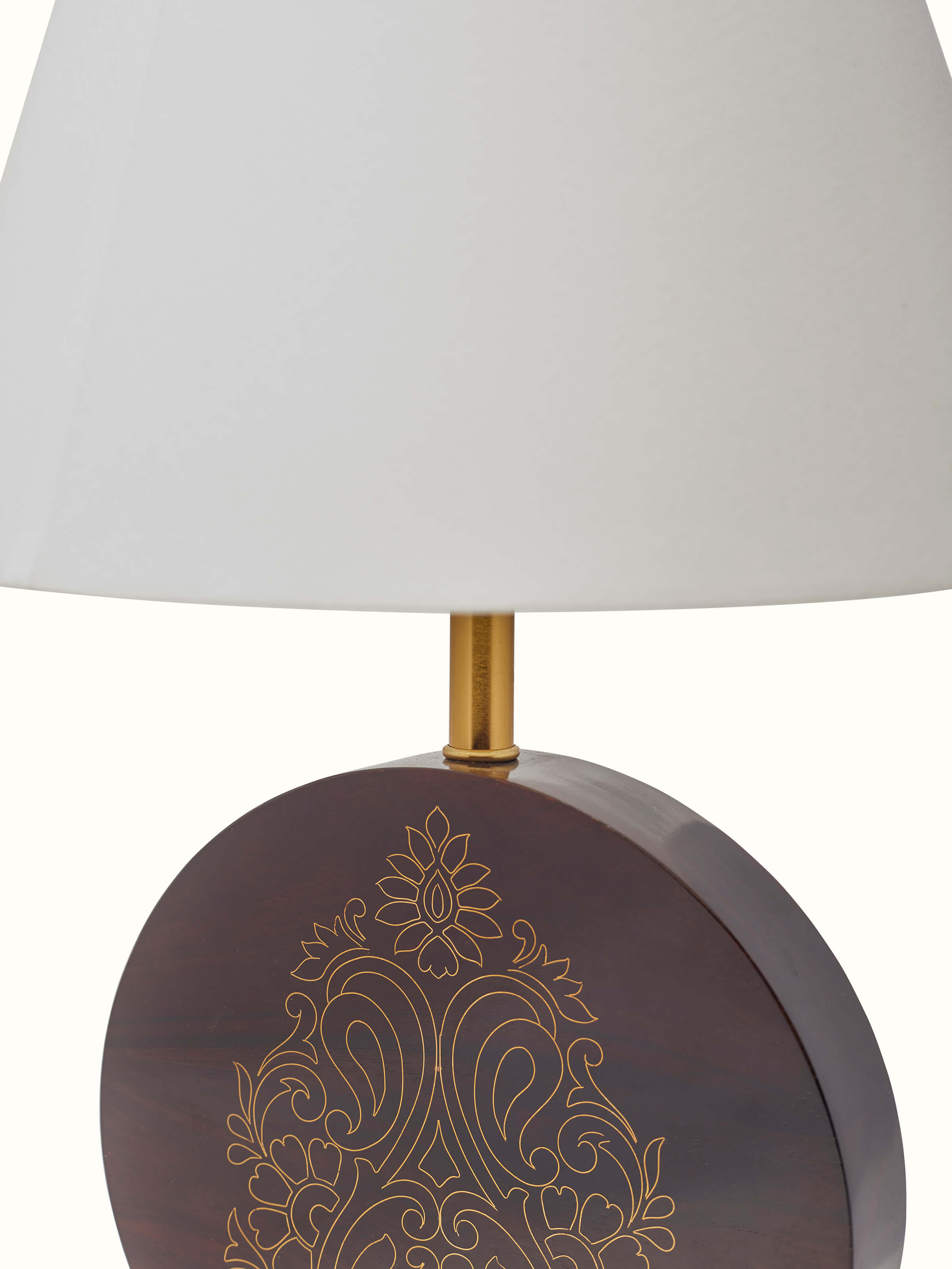 Close-up view of Tarkashi Sheesham Wood & Brass Table Lamp with Square Base focusing on the fine details of the brass work and wood texture
