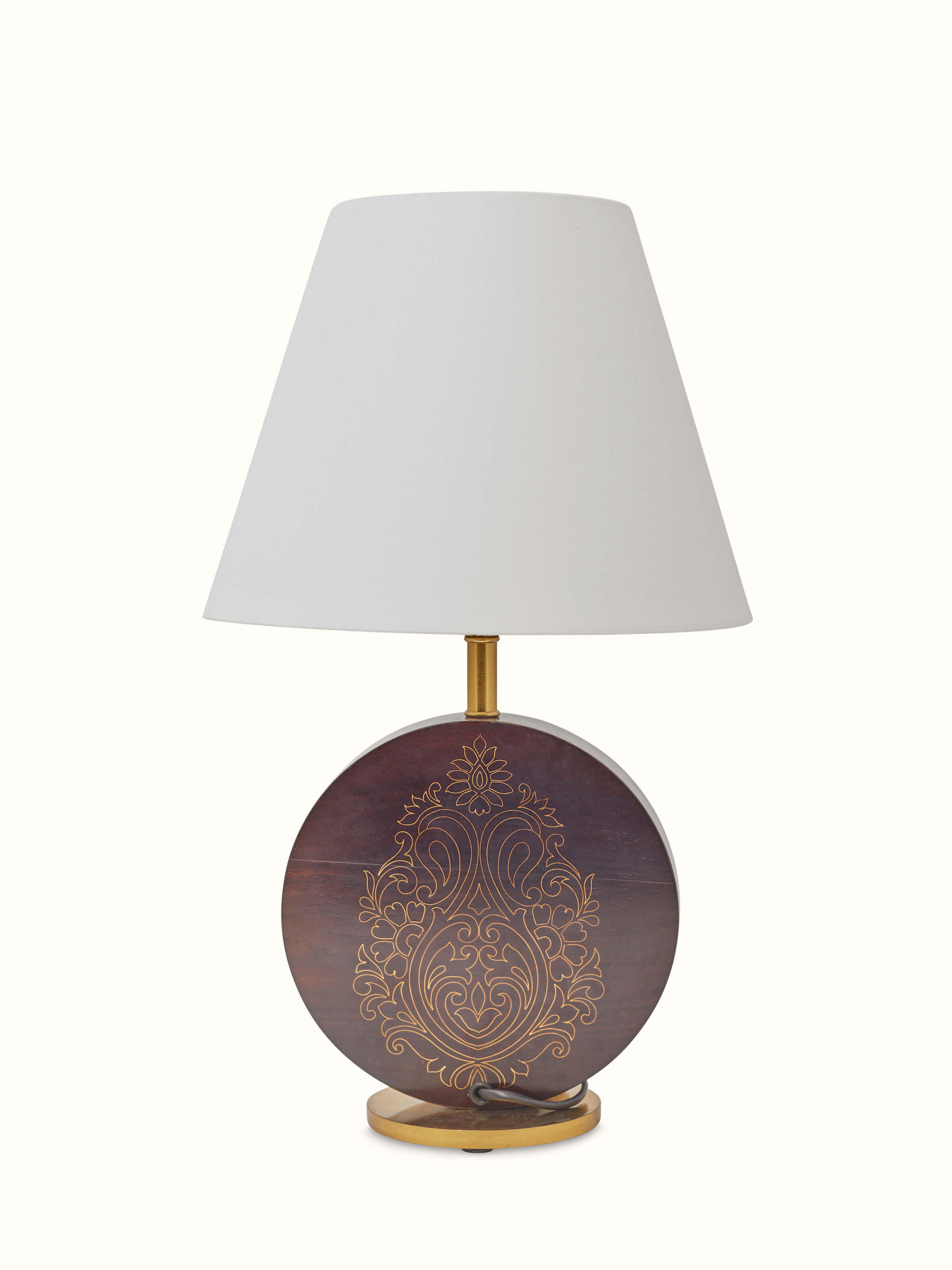 Angled view of Tarkashi Sheesham Wood & Brass Table Lamp with Square Base showcasing its sturdy base and decorative elements