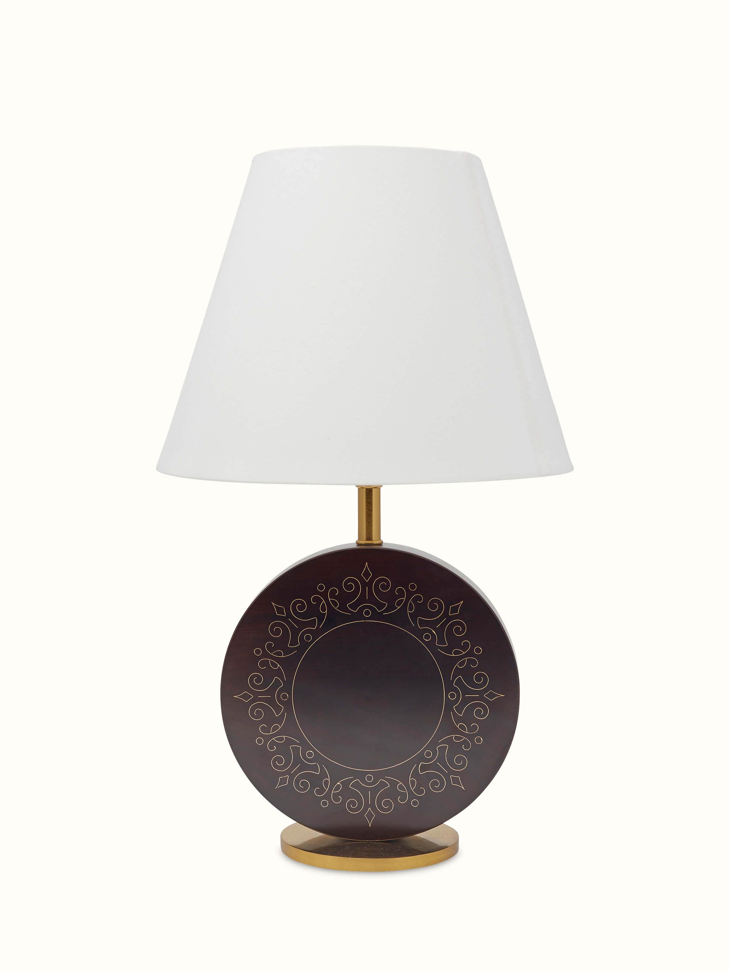 Front view of Tarkashi Sheesham Wood & Brass Table Lamp showcasing the intricate brass inlay and wood details