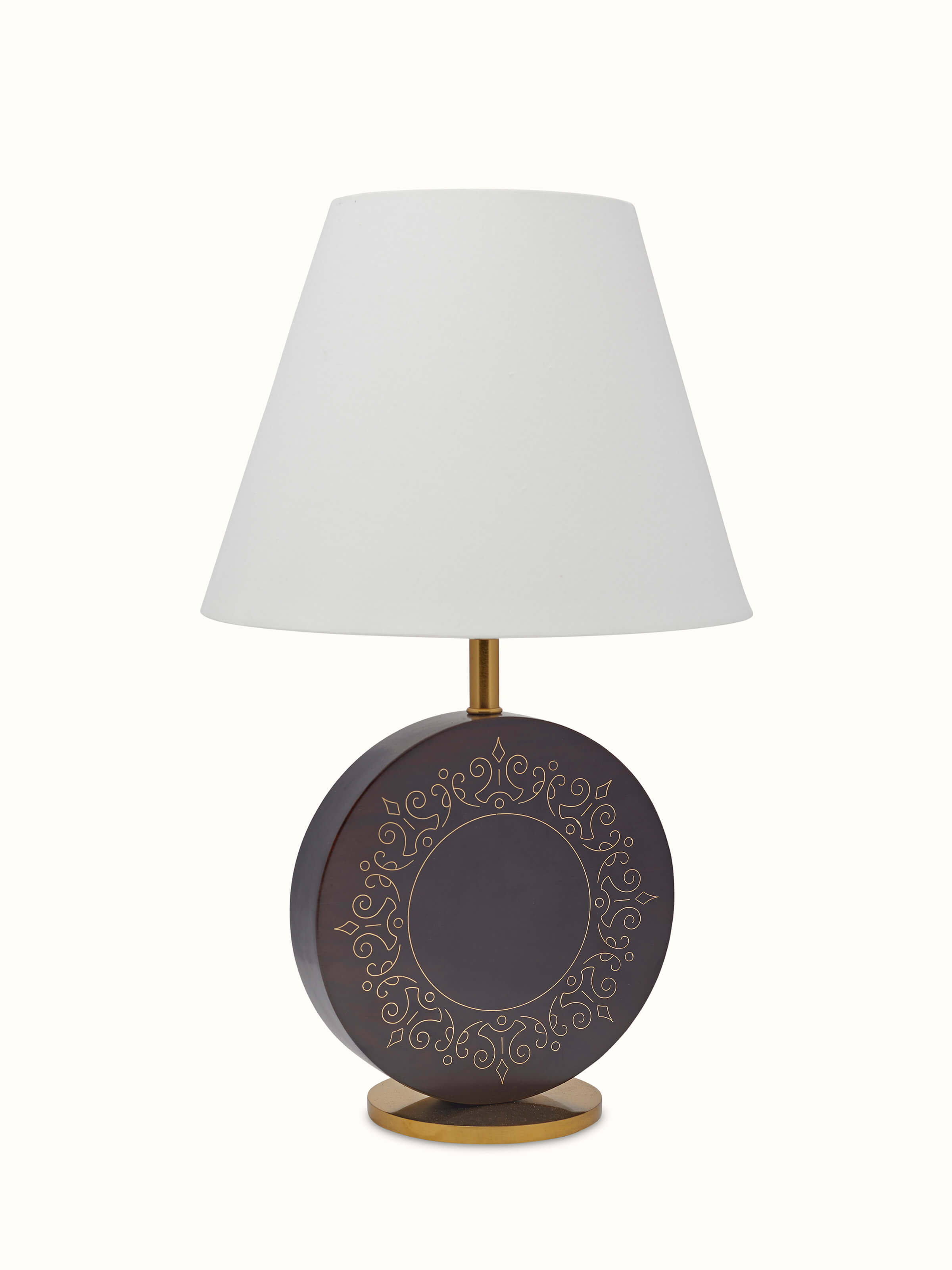 Angled view of Tarkashi Sheesham Wood & Brass Table Lamp highlighting its elegant design and craftsmanship