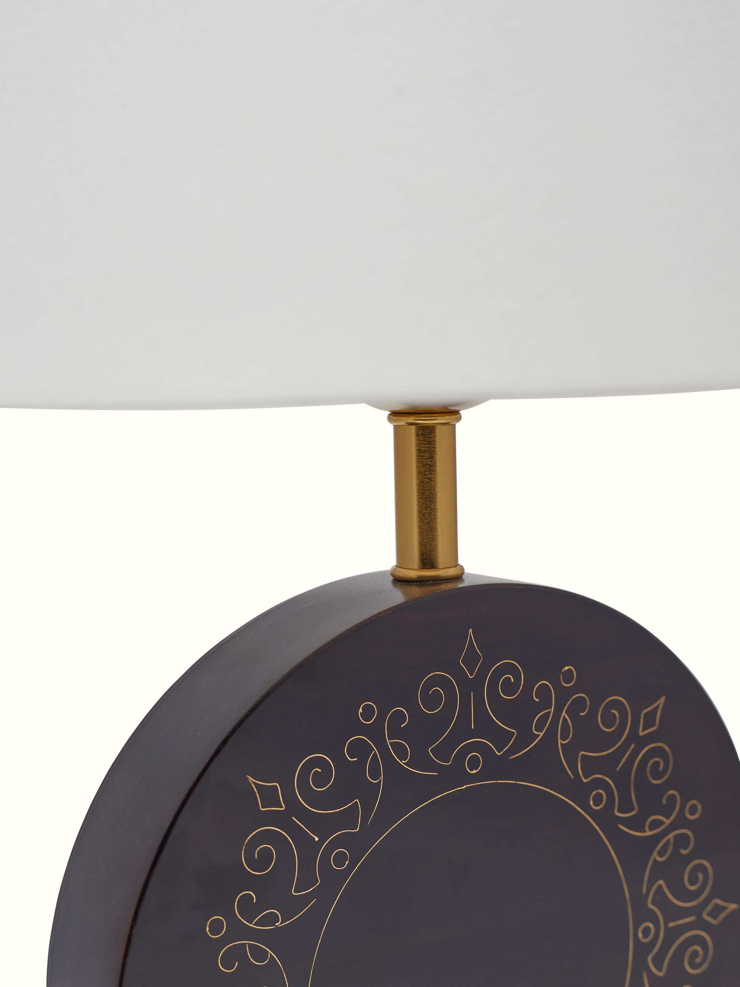 Detailed close-up of Tarkashi Sheesham Wood & Brass Table Lamp focusing on the fine brass work and wood finish