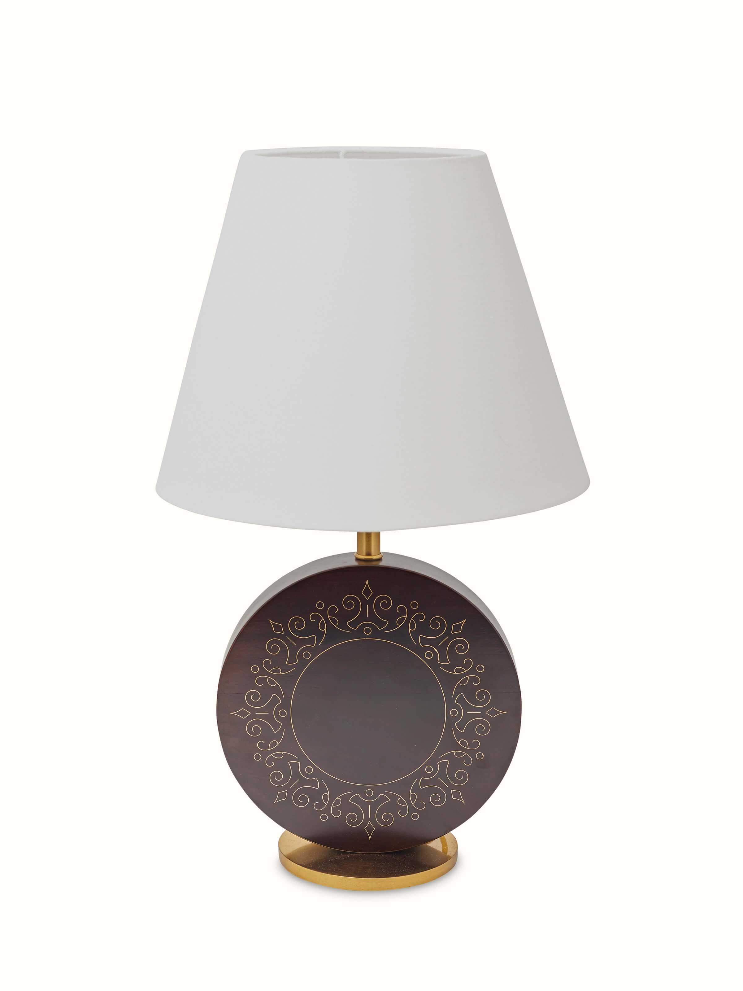 Side view of Tarkashi Sheesham Wood & Brass Table Lamp displaying the overall design and material quality