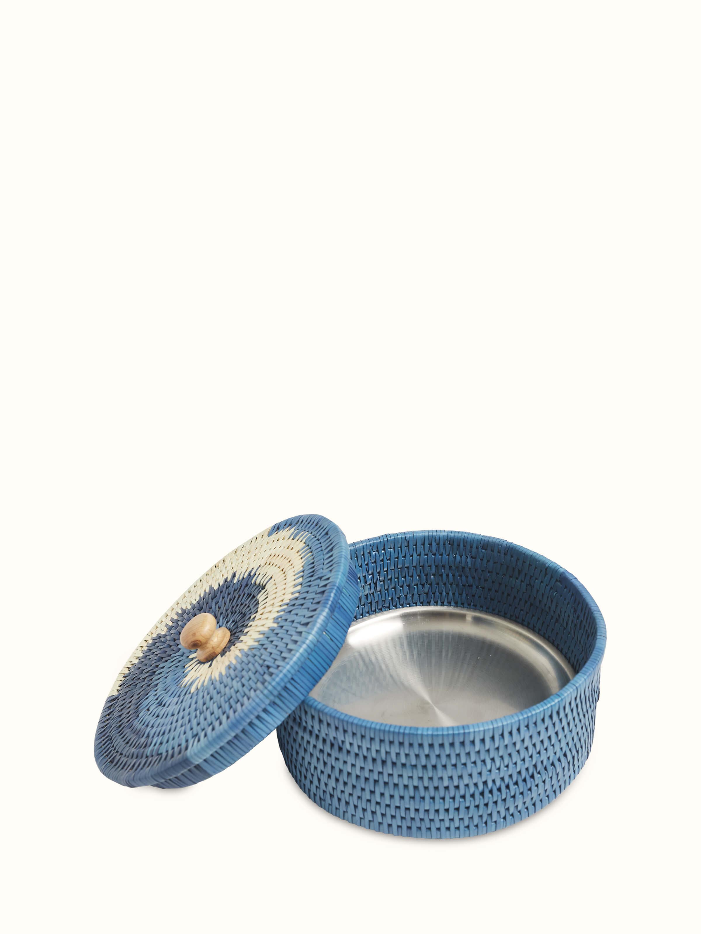 Angled view of Palm leaf roti box blue showcasing its detailed craftsmanship.
