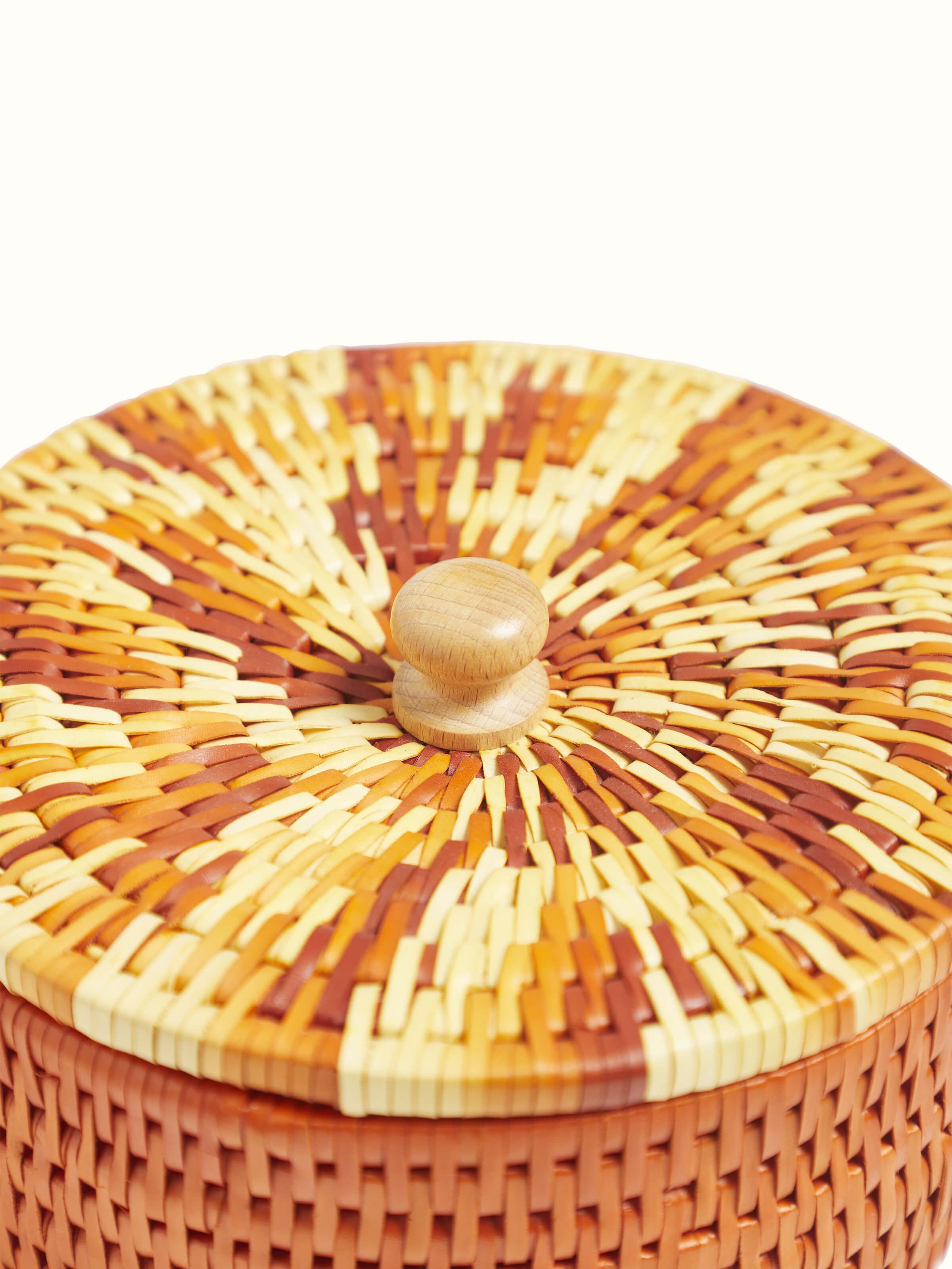 Close-up view of Palm leaf roti box focusing on the fine craftsmanship and natural material.