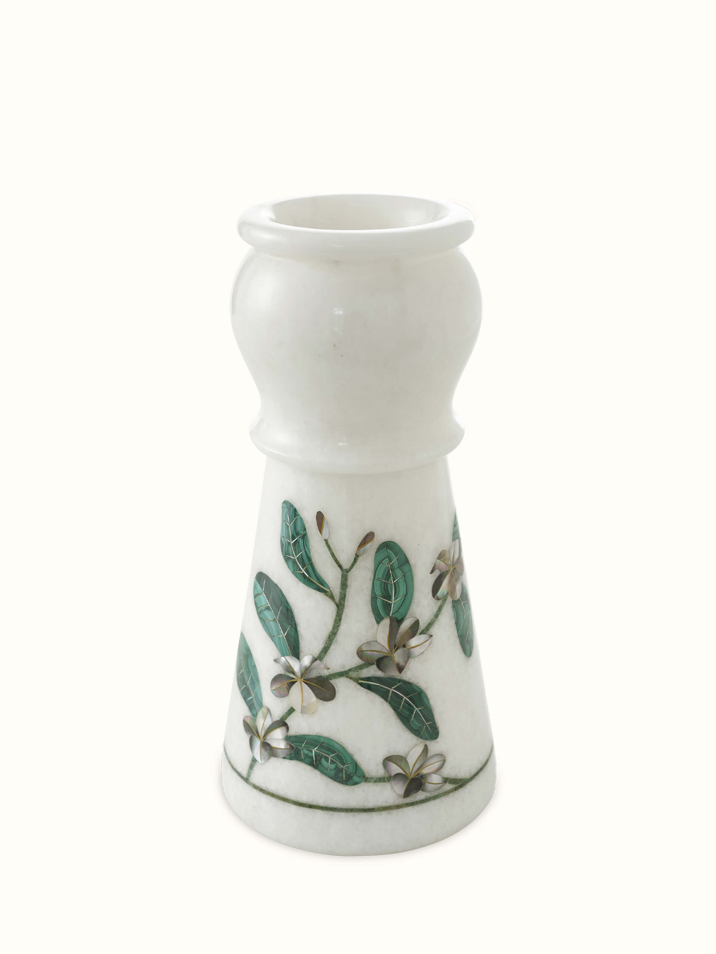 Front view of Pacchikari marble leaf floor vase showcasing the elegant leaf design and polished marble finish.