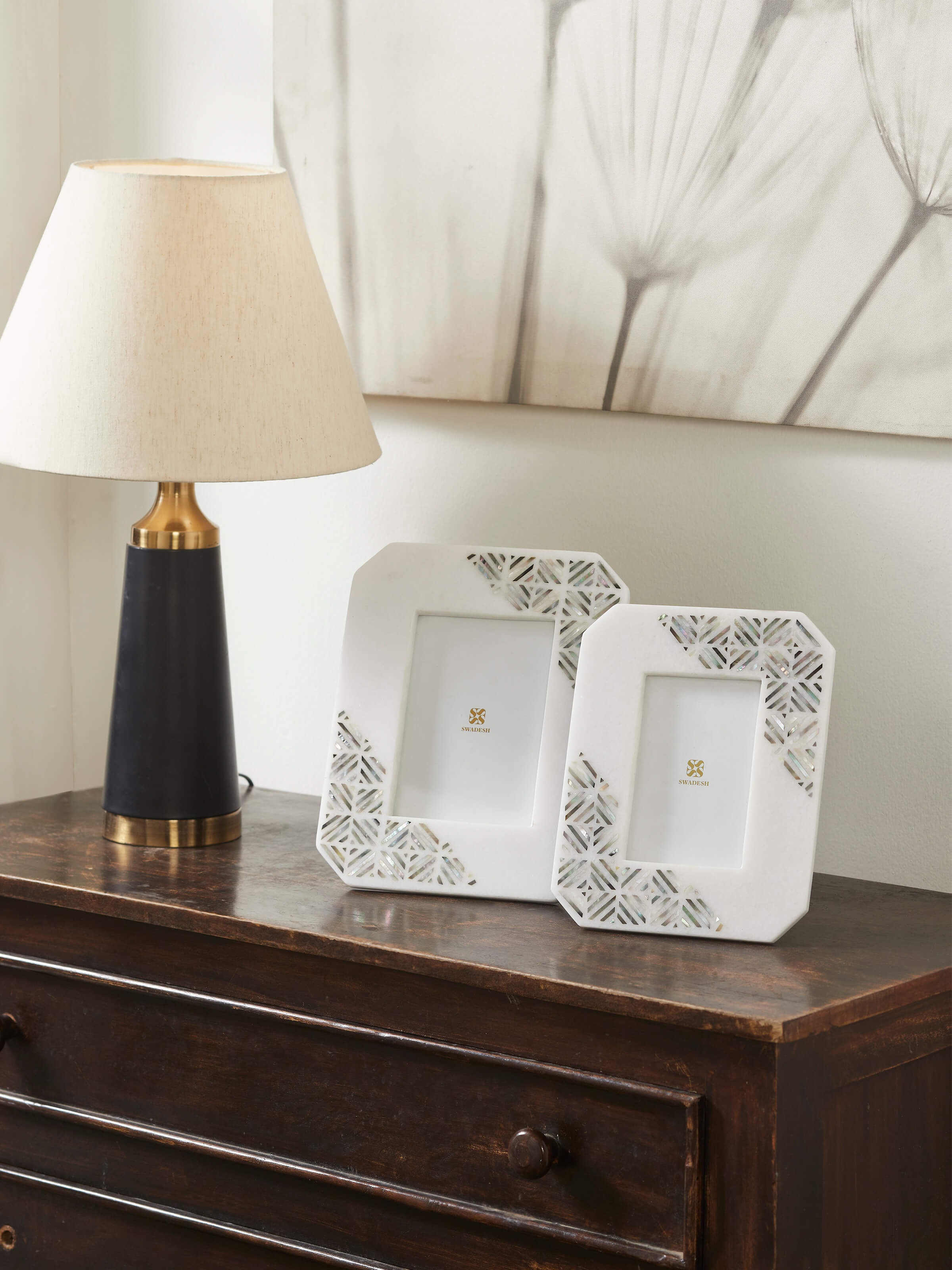 Side view of Pacchikari marble photo frames in white color highlighting clean lines and craftsmanship